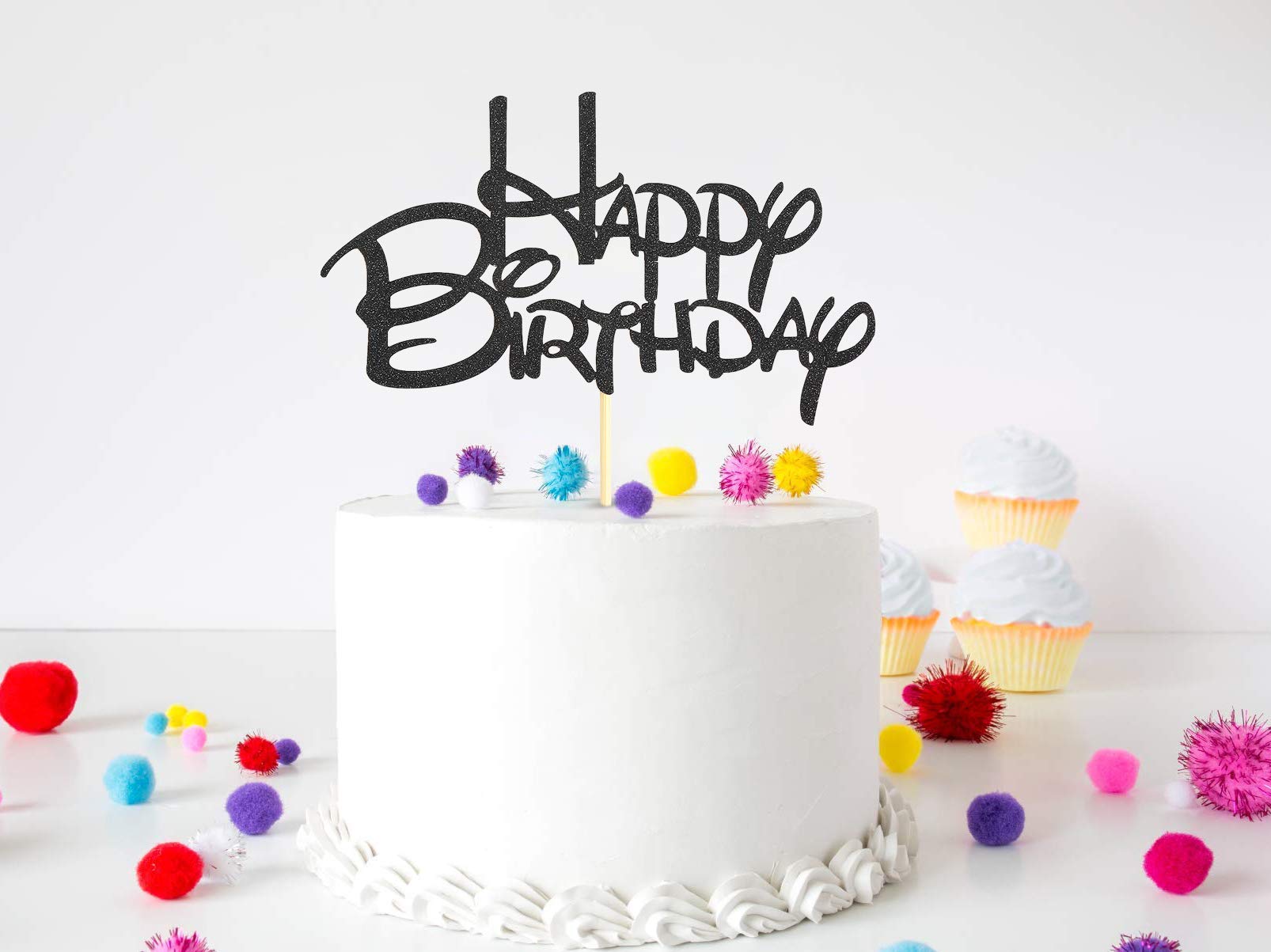 Black Glitter Happy Birthday Cake Topper - Premium Birthday Party Decoration Supplies for Cake Smash, Photo Booth Props & Black Paper Cake Topper Flags | Perfect for Birthday Parties, Baby Showers & Celebration Decorations