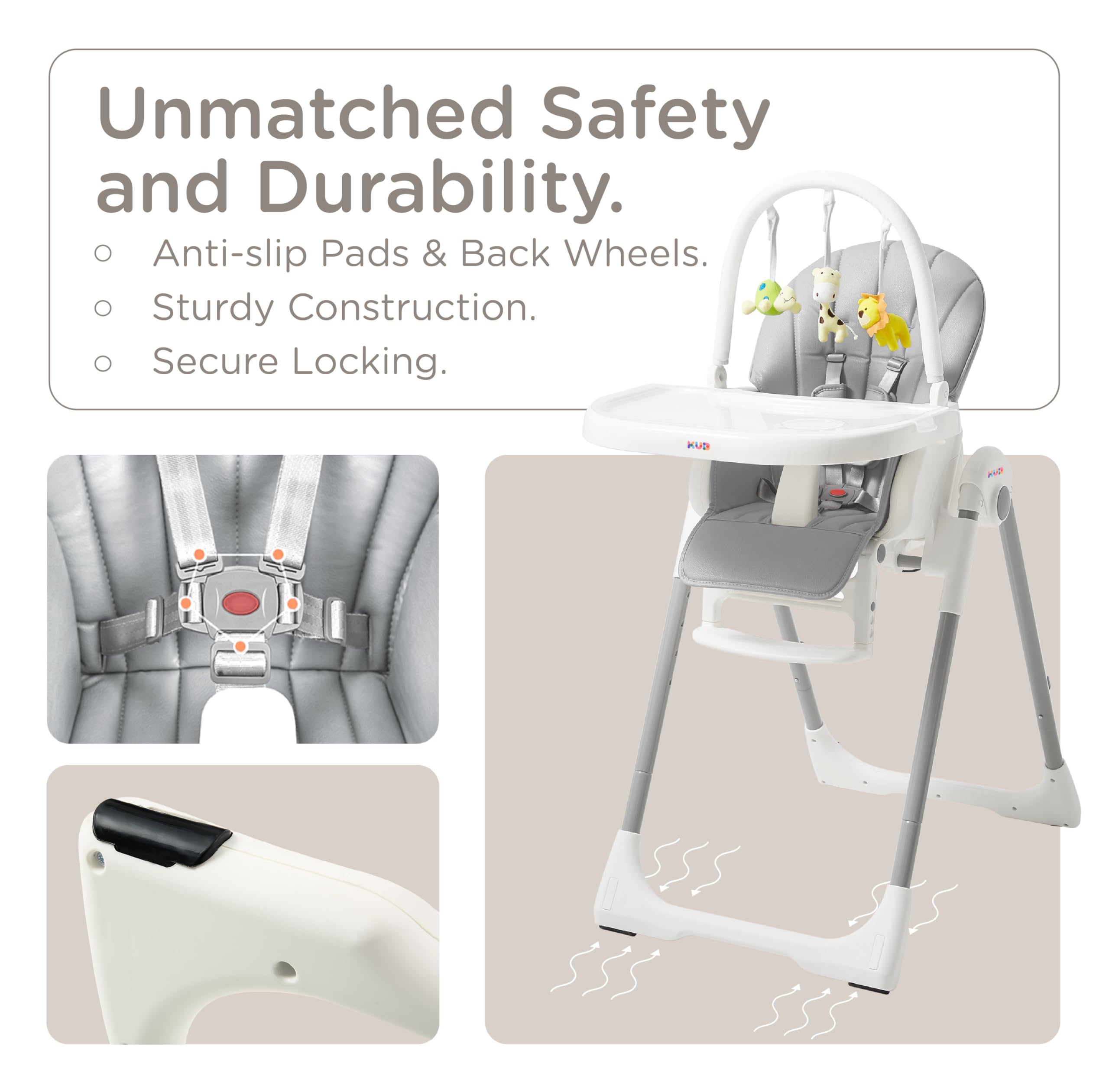 KÜB 3-in-1 Foldable Baby High Chair with Toys - Adjustable 7 Height & 4 Recline Positions, Removable Seat & Tray for Easy Cleaning, 2 Locking Wheels - Multifunctional Infant Highchair for Babies & Toddlers (Grey) - Perfect for Home, Restaurant & Travel Use