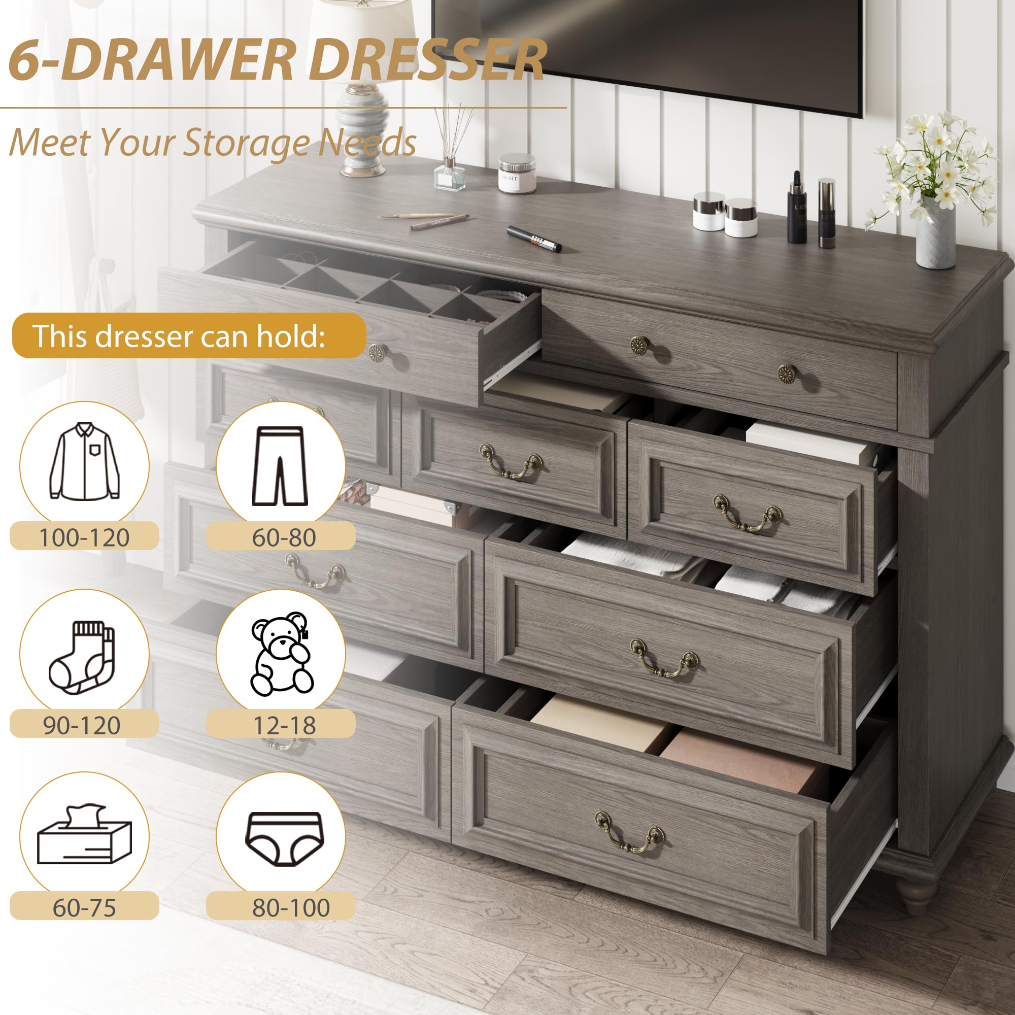 Farmhouse 9-Drawer Dresser with Deep Storage - Large Grey Wooden Chest of Drawers for Bedroom, Living Room & Hallway | Perfect for Organizing Clothes, Linens & Home Decor (Grey, 9-Drawer)