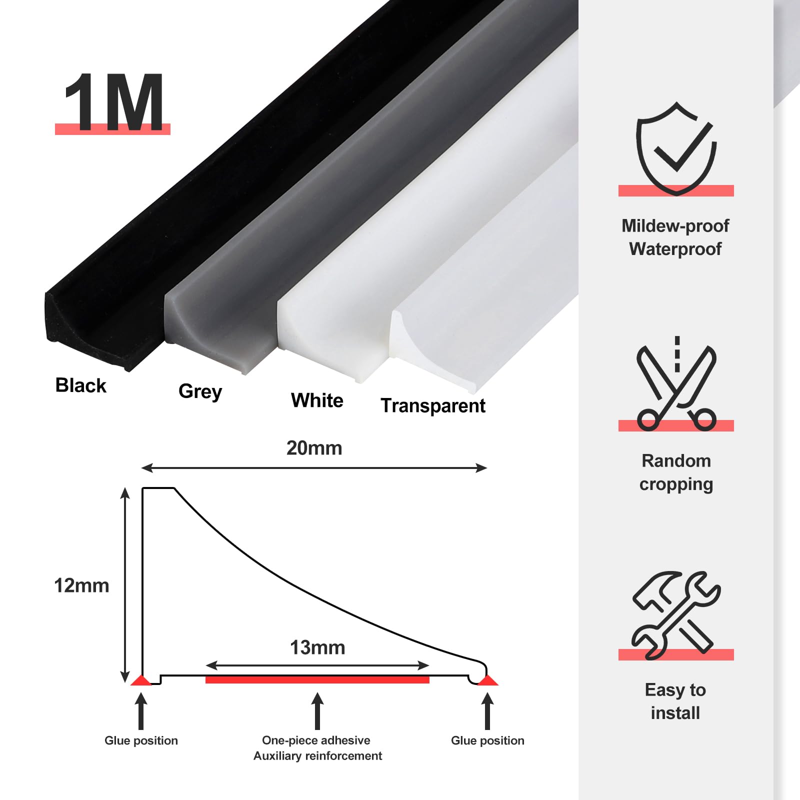 EFUTURETIME 1M Self-Adhesive Shower Threshold Splash Guard - Waterproof Silicone Seal Strip for Shower Tray, Cubicle, Kitchen & Bathroom - No Drilling Required (White) - Perfect for Bathroom Renovation & Water Leak Prevention