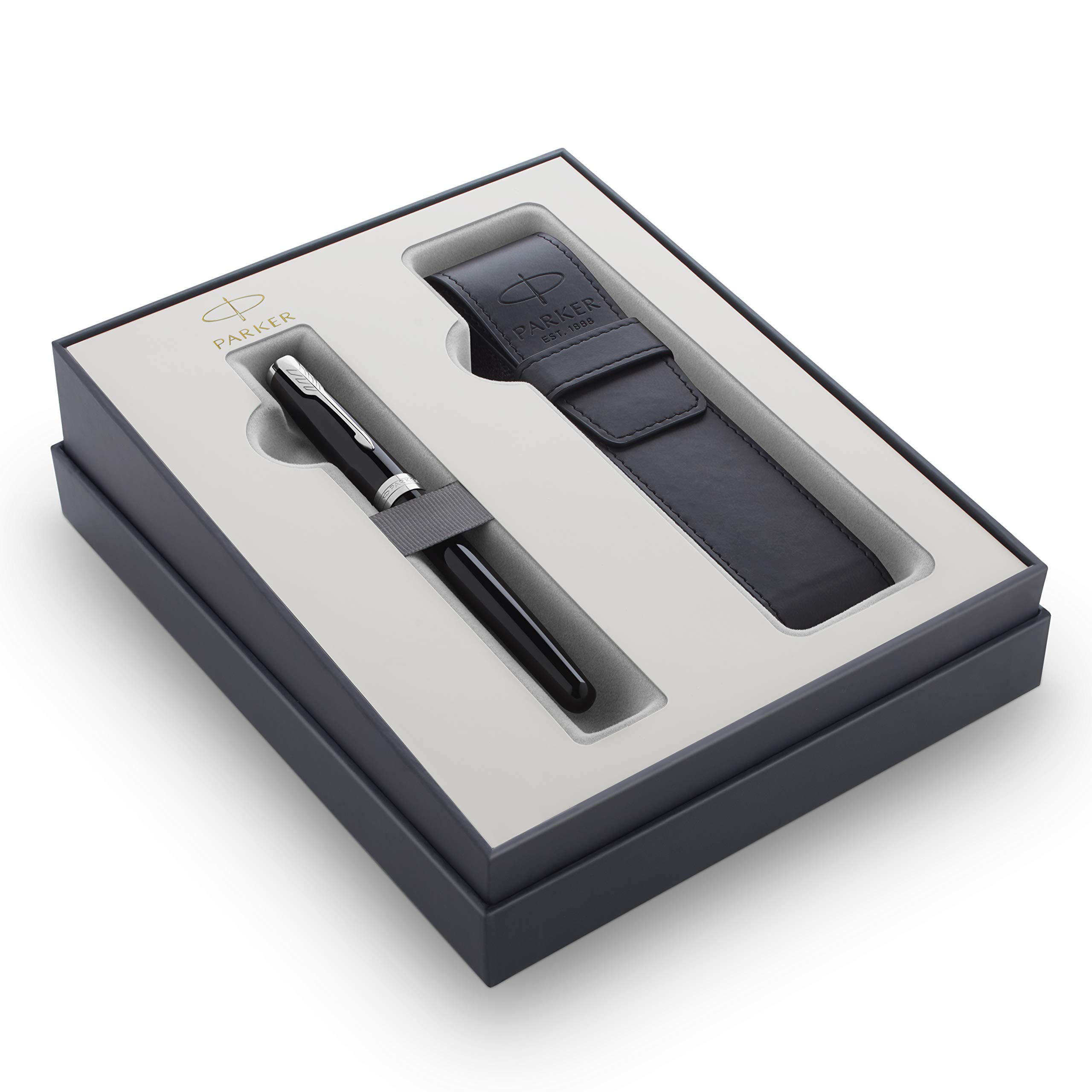 Parker Sonnet Fountain Pen Gift Set - Premium Gloss Black Pen with Leather Pen Pouch & Elegant Gift Box | Luxury Writing Instrument for Professionals, Graduation Gifts & Business Presentations