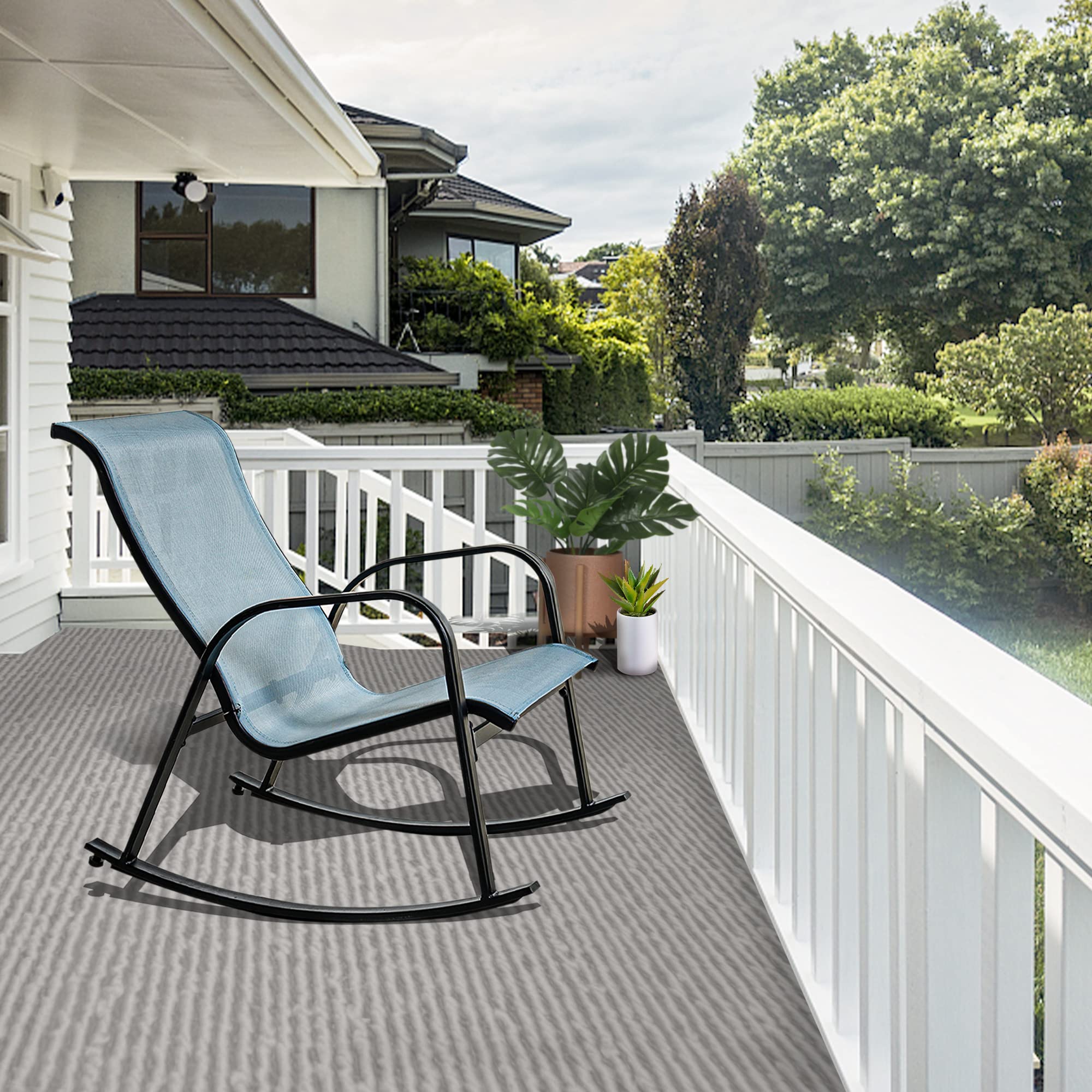 Outdoor Mesh Sling Rocking Chair - Comfortable Patio Rocker for Front Porch, Garden, Backyard & Poolside Relaxation - Breathable Blue Weather-Resistant Design