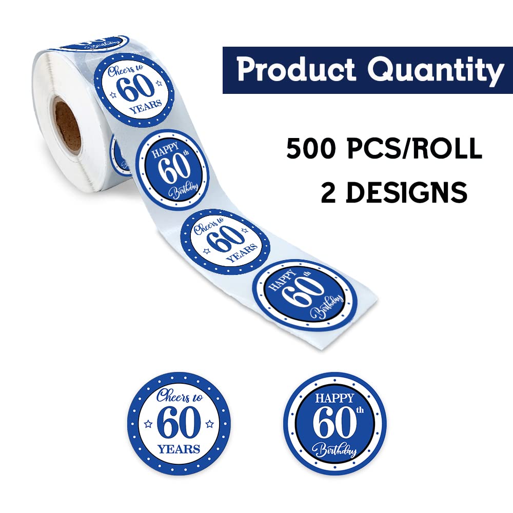 REWIDPARTY Blue 60th Birthday Stickers - 500 PCS Cheers to 60 Years & Happy Birthday Rolls - Perfect for Milestone Celebrations, Party Decorations & Gift Wrapping