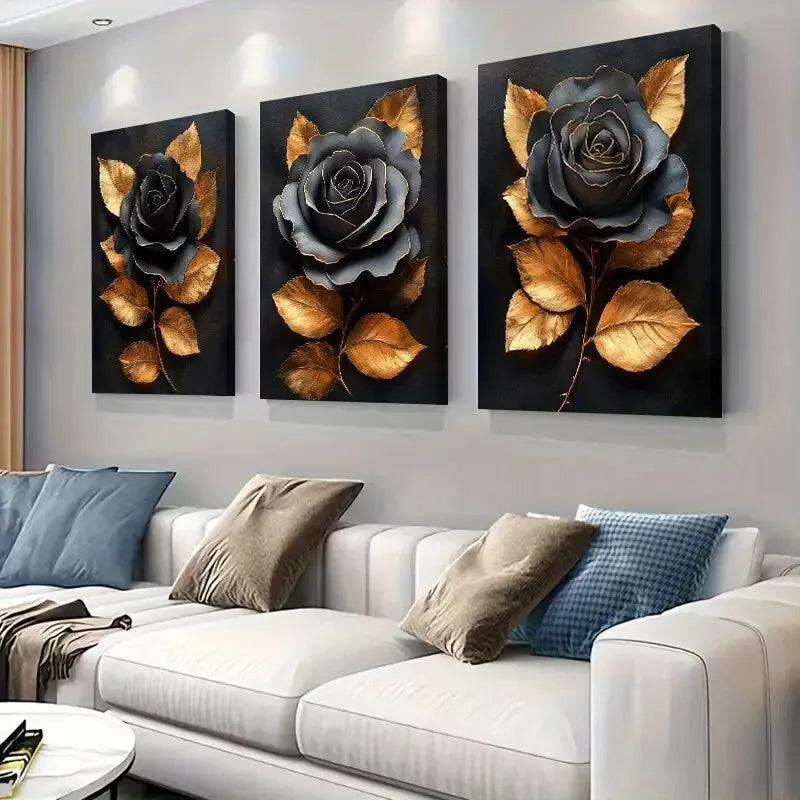 3-Piece Elegant Black & Gold Rose with Leaves Wall Art Set - 50x70cm Framed Canvas, High-Quality Print, 100% Australian Made - Perfect for Living Room, Bedroom & Office Decor