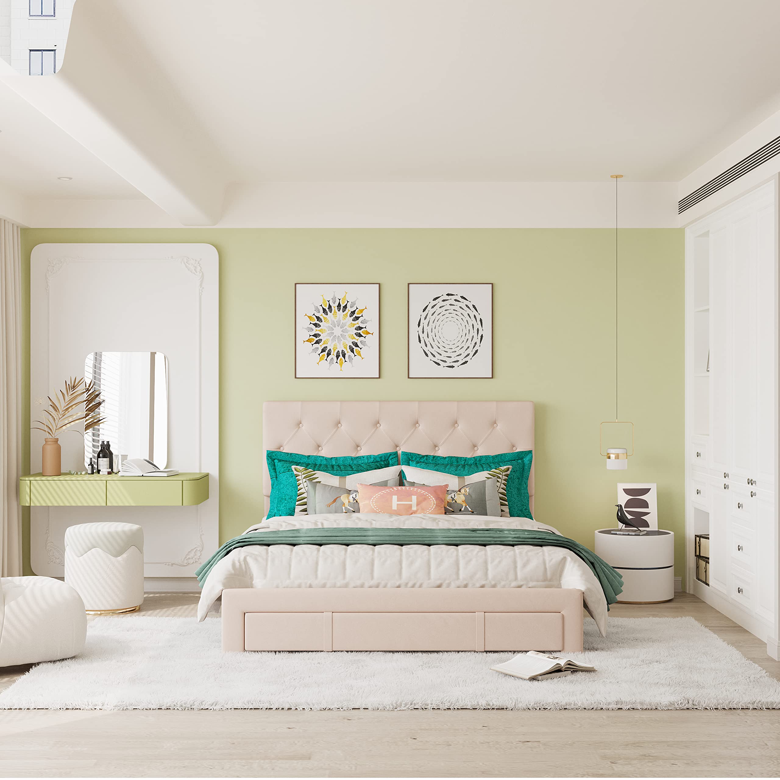 Queen Size Storage Bed with Big Drawer - Velvet Upholstered Platform Bed Frame in Beige | Modern Bedroom Furniture for Small Space Saving & Organization