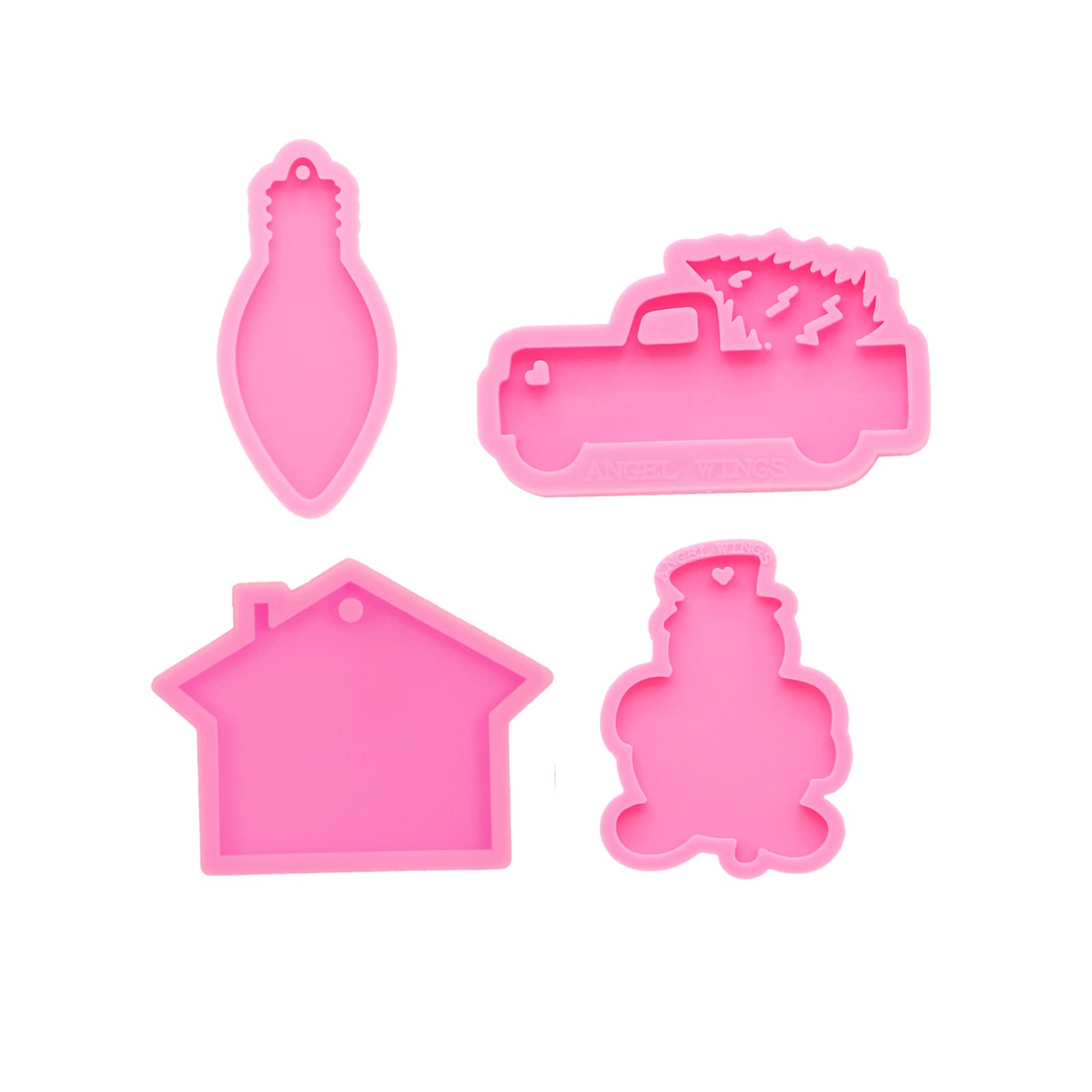 4-Piece Glossy Silicone Mold Set - Christmas House, Truck with Tree, Lights & Snowman Keychain Molds for Epoxy Resin DIY Crafts (Includes 10 Key Rings) - Perfect for Holiday Decorations, Gift Making & Resin Art Projects