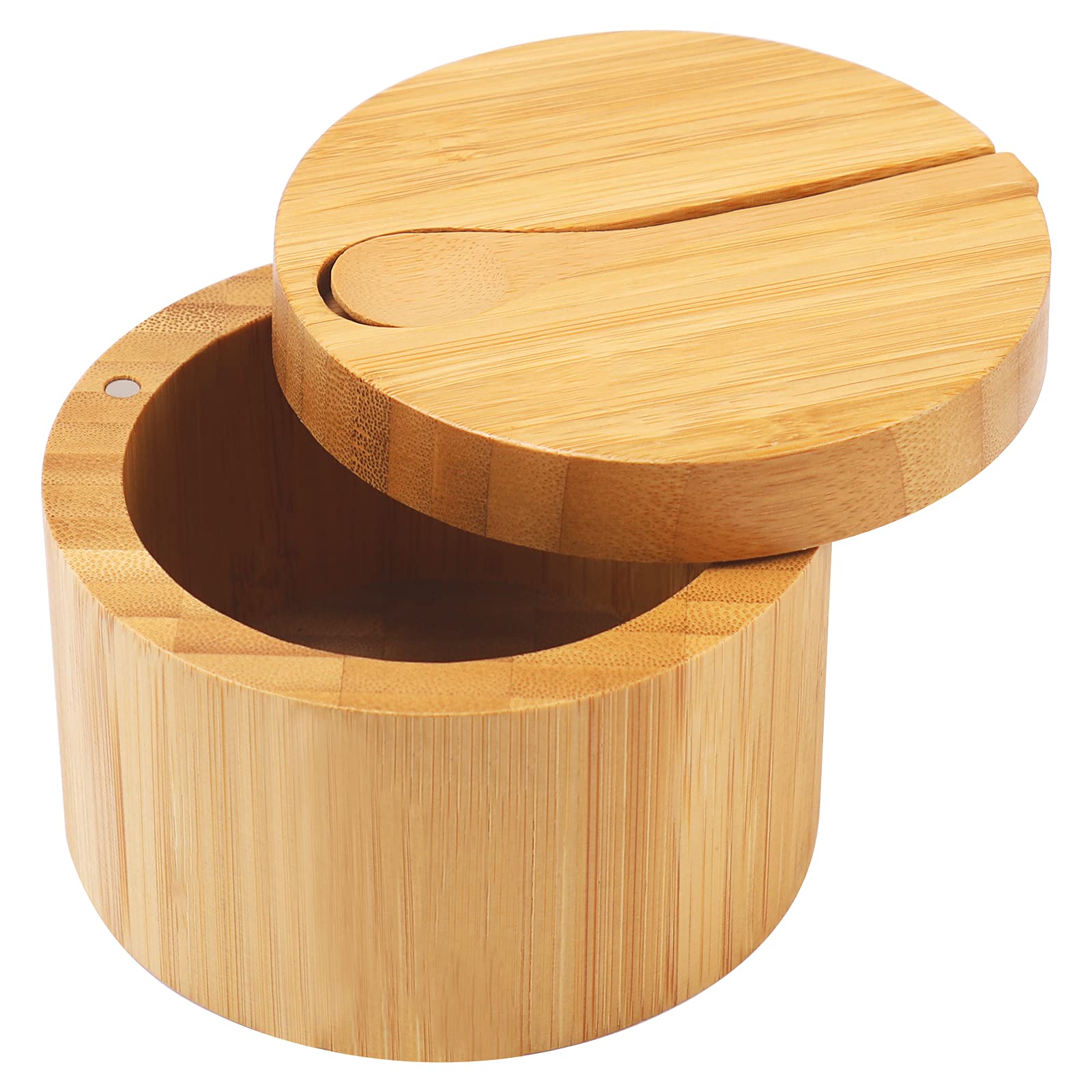 Premium Bamboo Salt Cellar with Mini Spoon - Magnetic Swivel Lid for Easy Access - Round Spice Container for Salt, Pepper & Bath Salts - Ideal for Kitchen, Dining & Home Decor