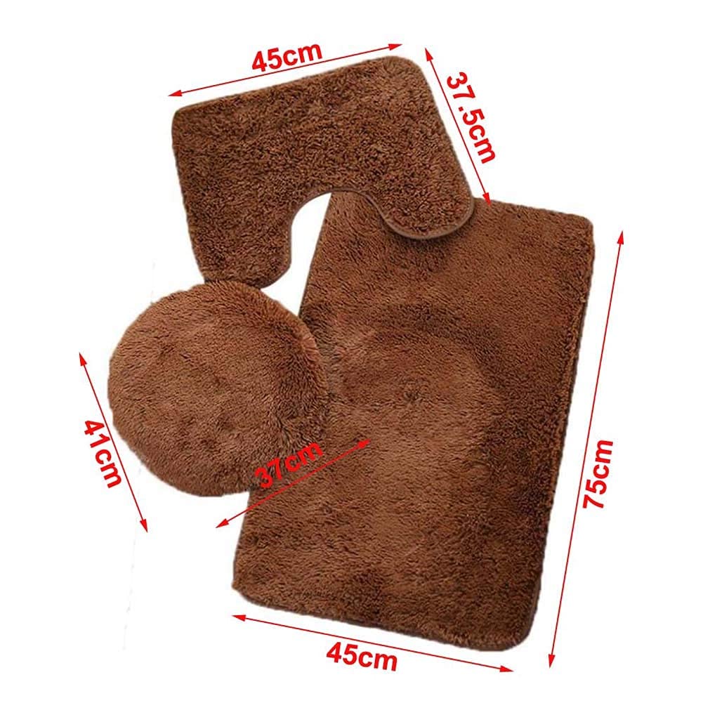 ESUPPORT 3-Piece Solid Color Bathroom Rug Set - Soft, Absorbent, Non-Slip Bath Mat & Toilet Lid Cover - Washable Brown - Perfect for Bathroom, Shower, and Toilet Area