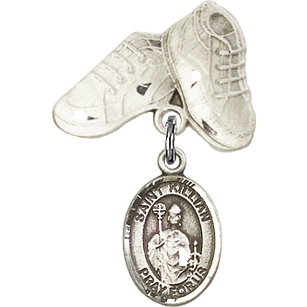 St. Kilian Sterling Silver Baby Badge with Charm & Boots Pin - 1 x 5/8 Inch Elegant Christening Gift for Newborns - Perfect for Baptism, First Communion & Baby Shower Keepsakes