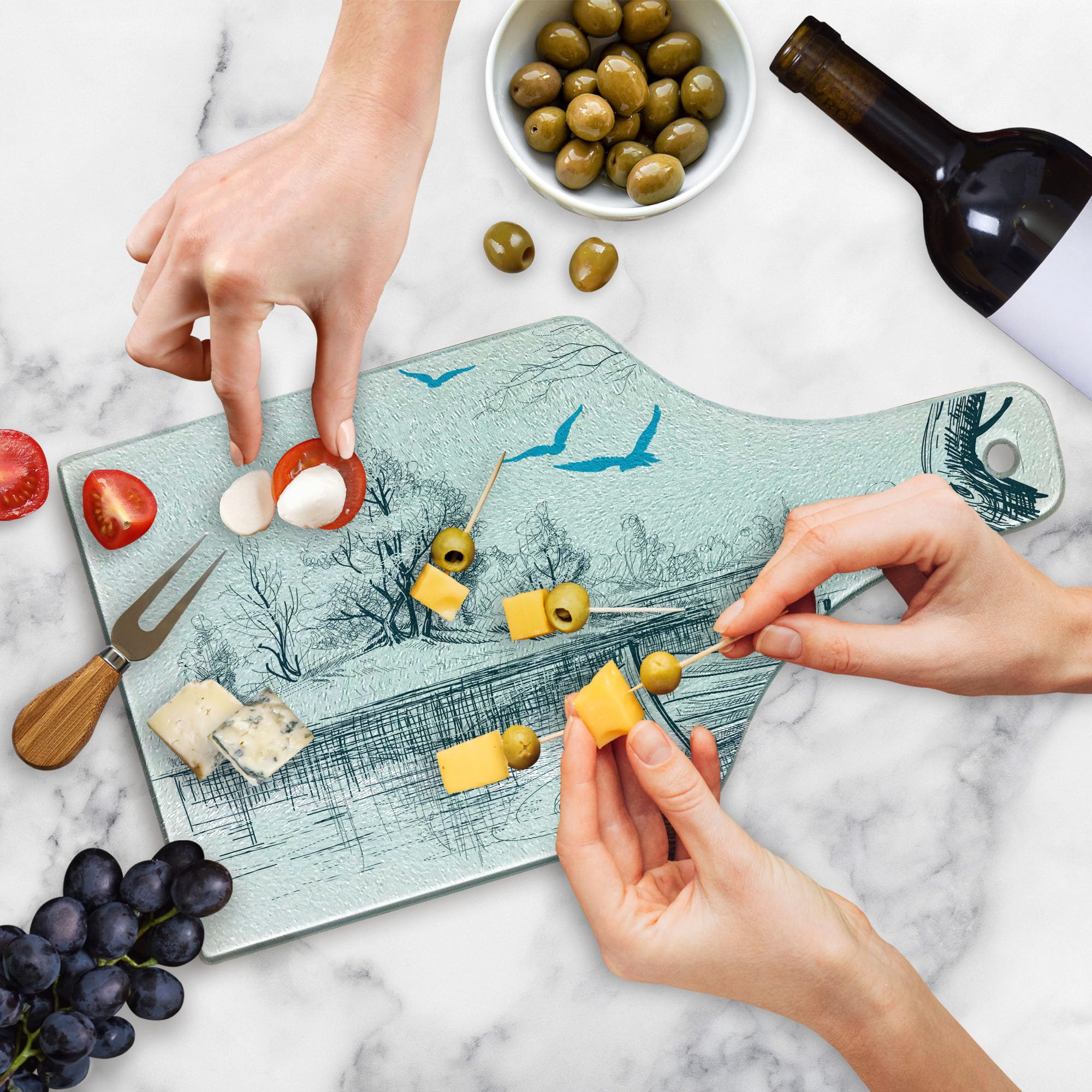 Ambesonne Boat on River Sketch Cutting Board - Tempered Glass Serving Board for Kitchen, Charcuterie & Wine - Minimalist Decorative Design with Trees, Birds & Twigs - White, Gray & Blue - Perfect for Entertaining, Gifts & Home Decor