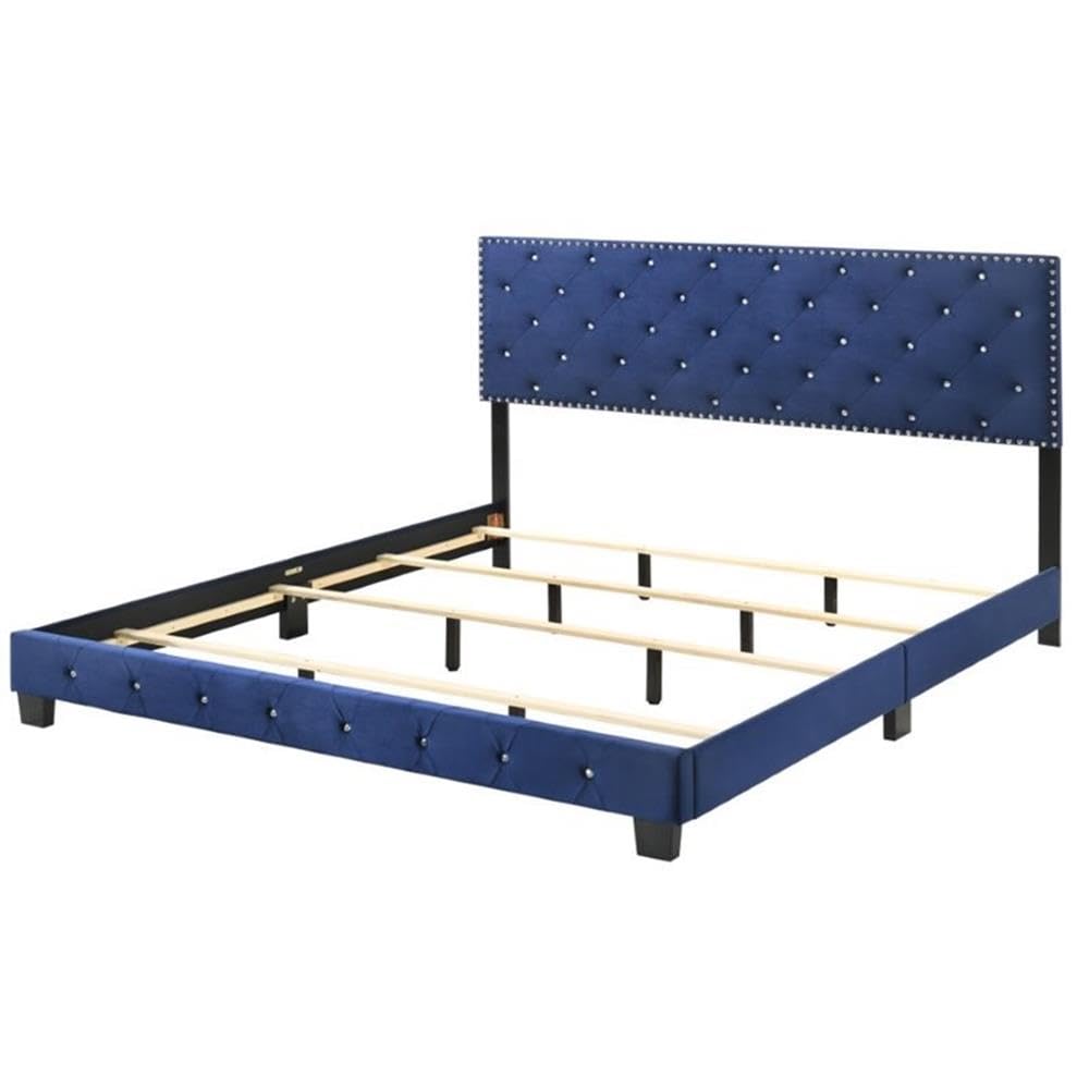Luxury Navy Blue Velvet Upholstered King Size Bed Frame - Modern Tufted Headboard with Solid Wood Legs | Perfect for Master Bedroom, Guest Room & Hotel Decor