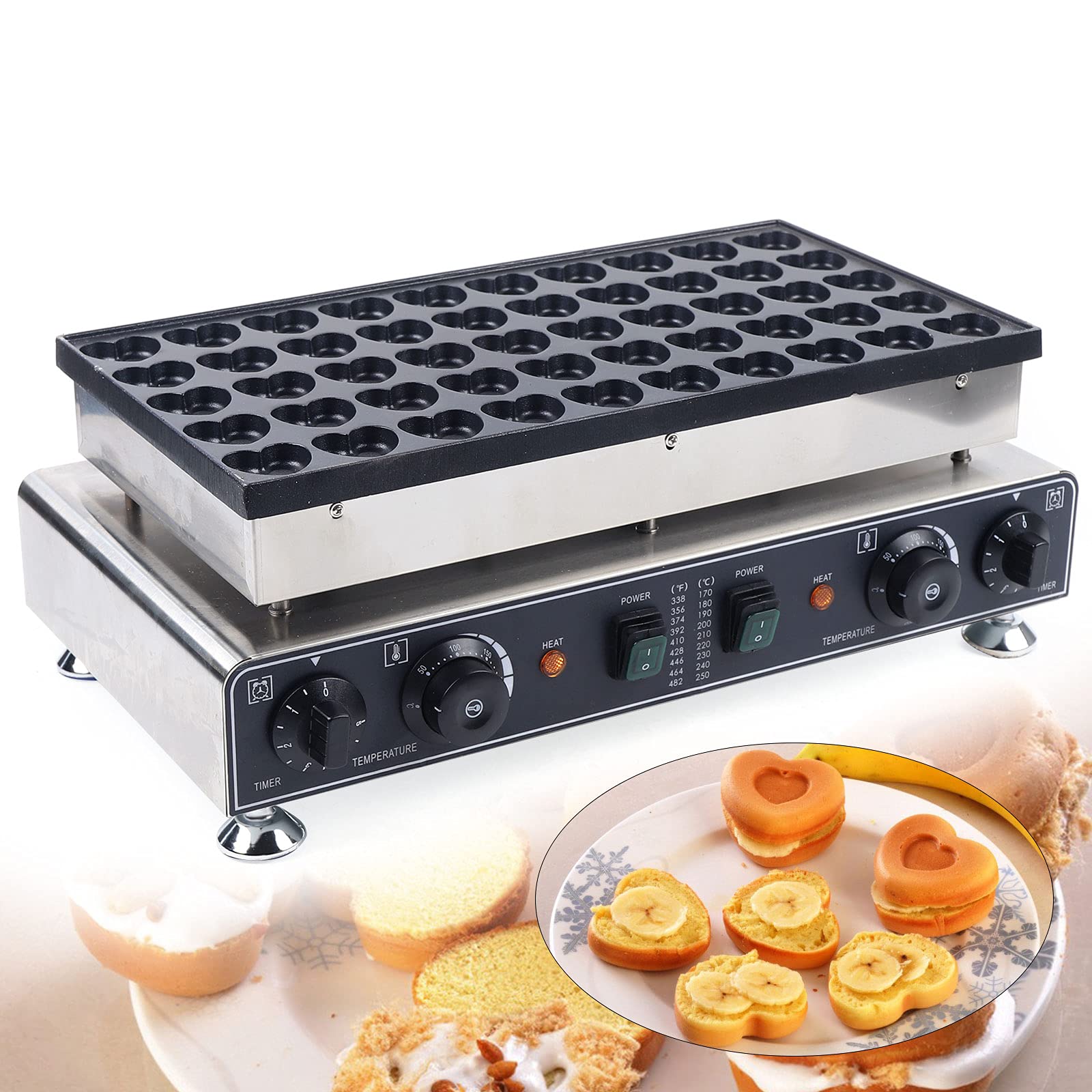 **CNCEST Electric 50pcs Mini Heart Dutch Pancake Baker - Nonstick Dorayaki Poffertjes Pie Maker & Waffle Iron Machine (50 Holes) - Perfect for Breakfast, Brunch, and Party Snacks**