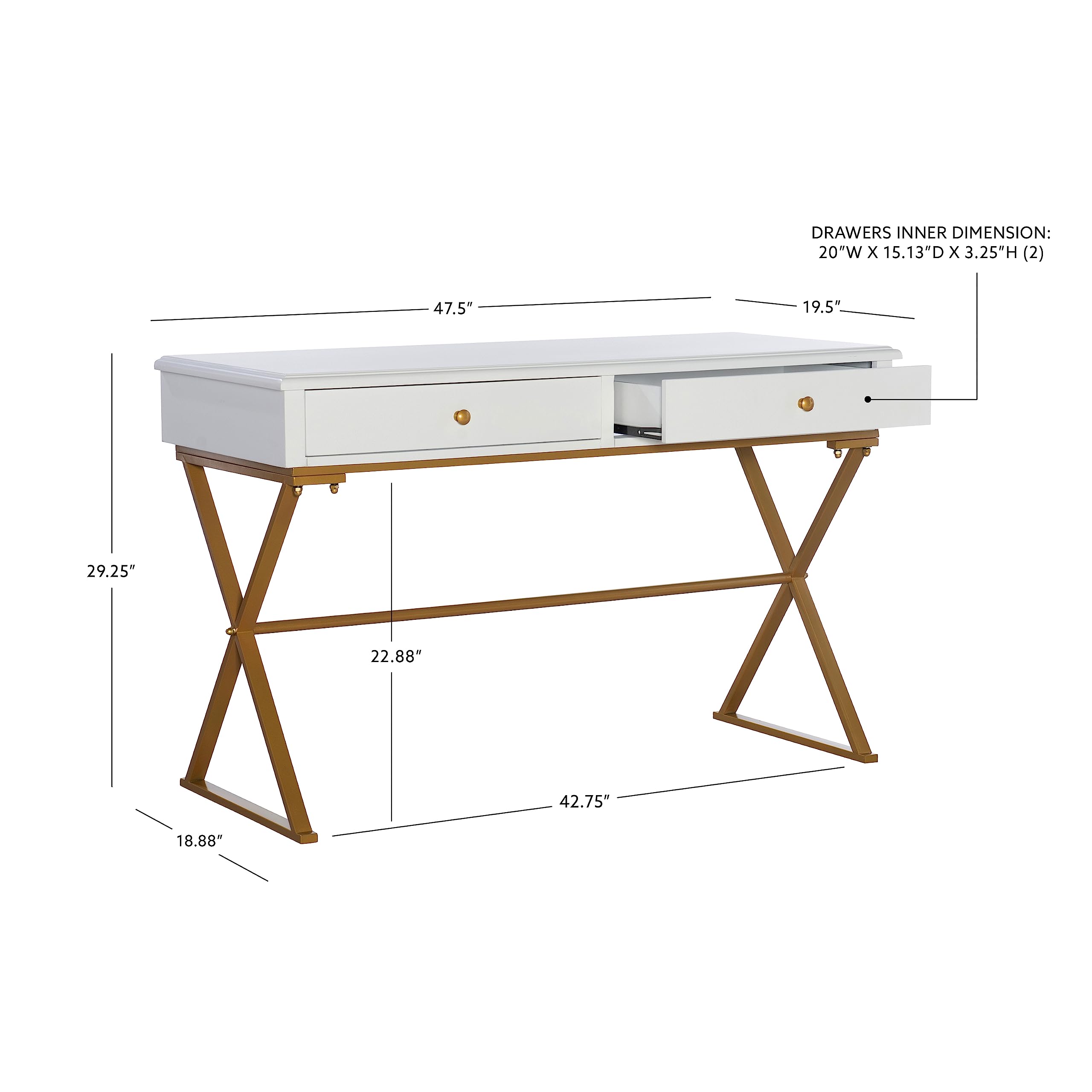 Linon Harli White Two-Drawer Campaign Desk - Compact Home Office Writing Table with Storage | Perfect for Small Spaces, Dorm Rooms & Workstations