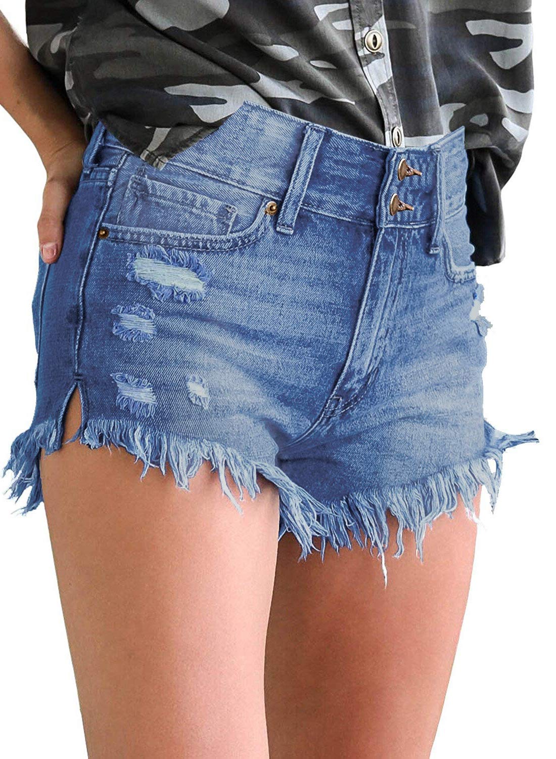 LookbookStore Women's Mid Rise Frayed Ripped Raw Hem Denim Jean Shorts - Stylish Distressed Denim Shorts for Summer, Casual Outfits & Streetwear Fashion