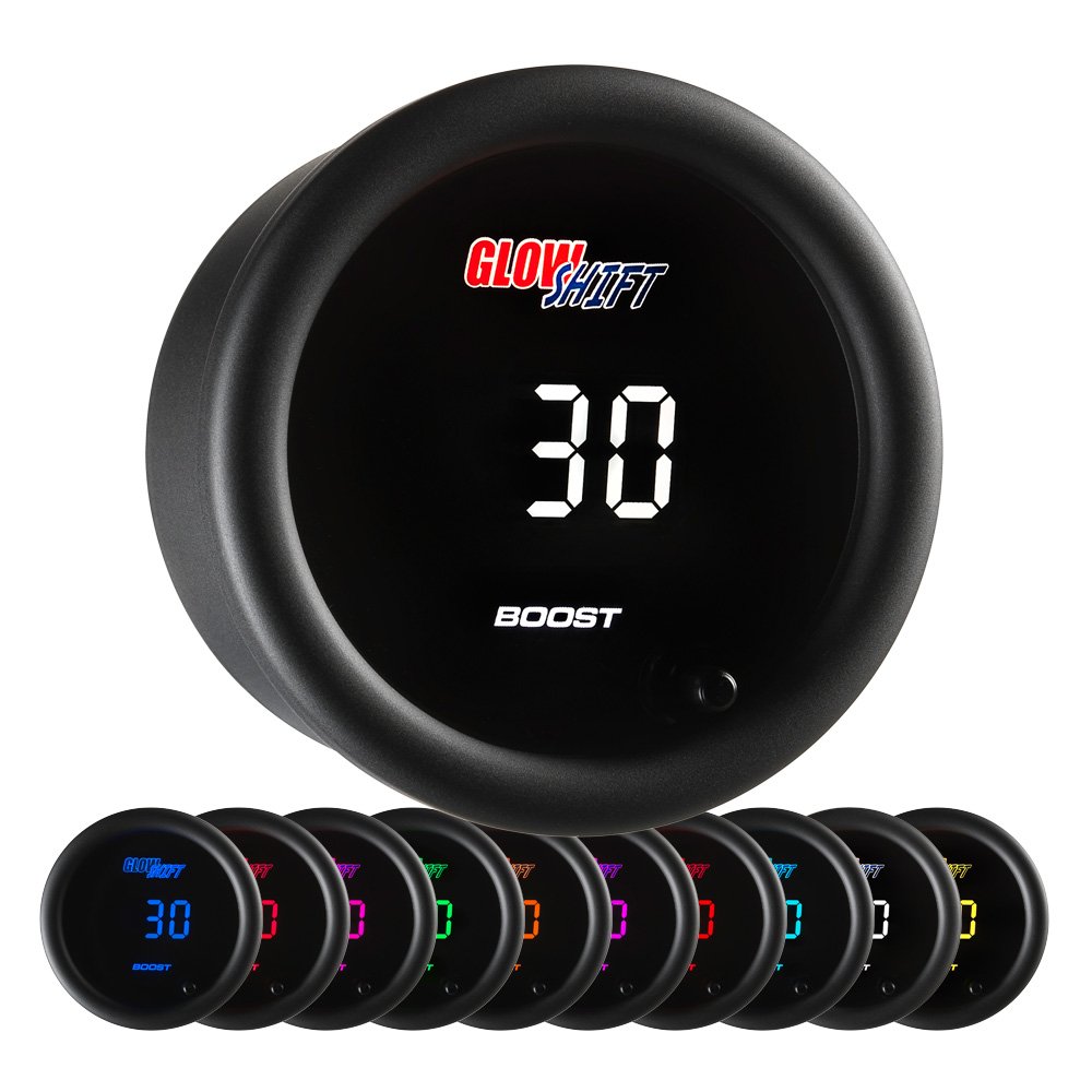 GlowShift 10-Color Digital 30 PSI Boost/Vacuum Gauge Kit with Electronic Pressure Sensor & Multi-Color LED Display - 2-1/16