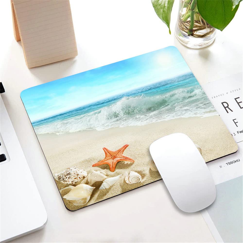 Ocean Themed Mouse Pad with Seashells, Starfish & Waves - Non-Slip Rubber Base Washable Cloth Mousepad for Office, Laptop & Desk - Perfect for Beach Lovers & Coastal Decor Workstations