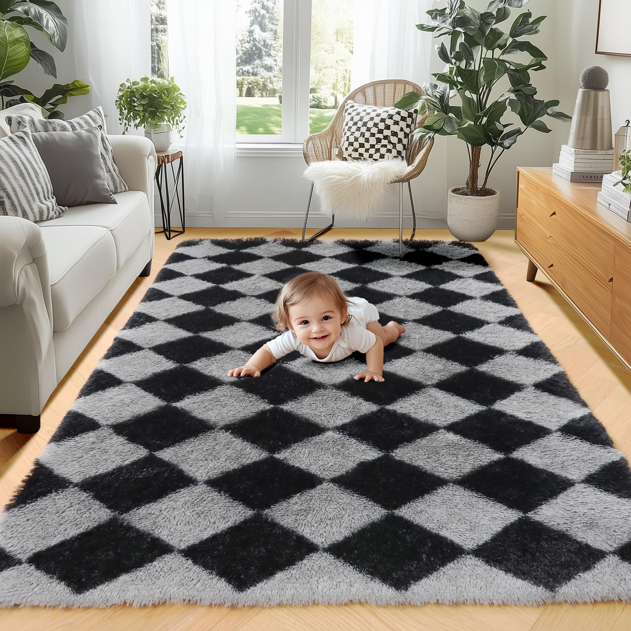 ONASAR 4x6 Black and Grey Checkered Area Rug - Ultra Soft Plush Shag Carpet for Living Room, Bedroom, Kids Room & Dorm | Cozy Floor Mat for Home Office, Playroom & College Dorm Decor