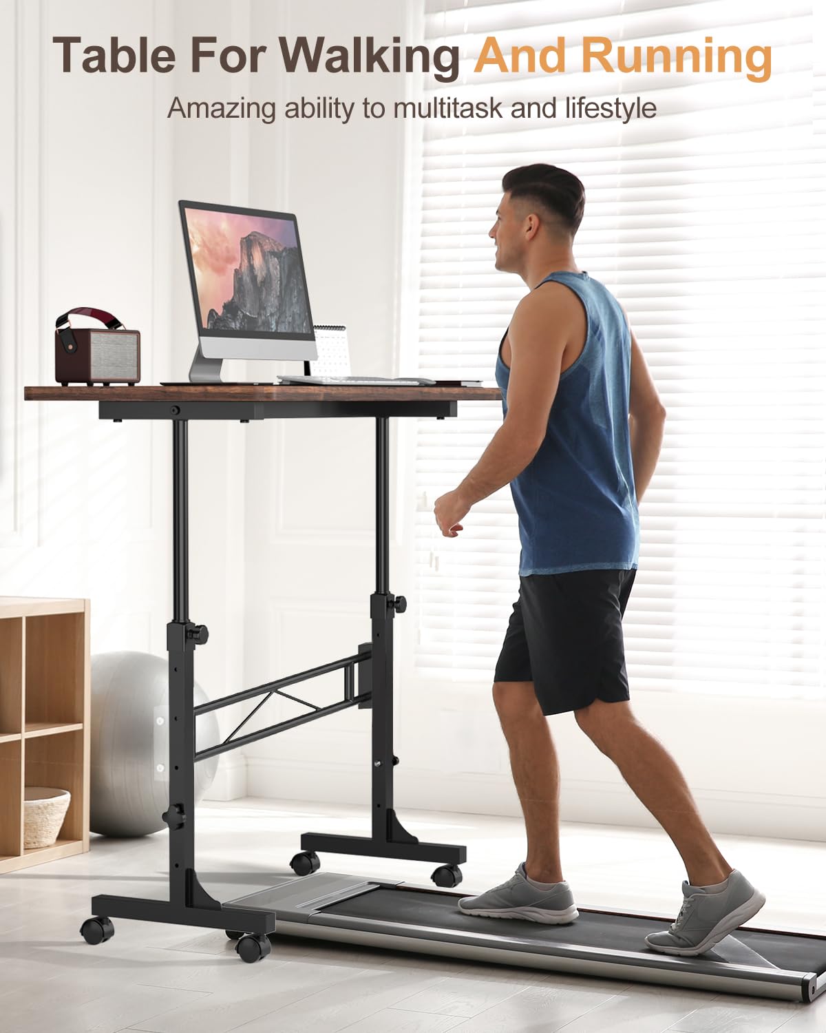 Adjustable Height Small Standing Desk with Wheels - 32 Inch Portable Mobile Stand Up Desk for Home Office, Walking Pad Treadmill & Workspace - Rustic Rolling Desk for Ergonomic Workstation