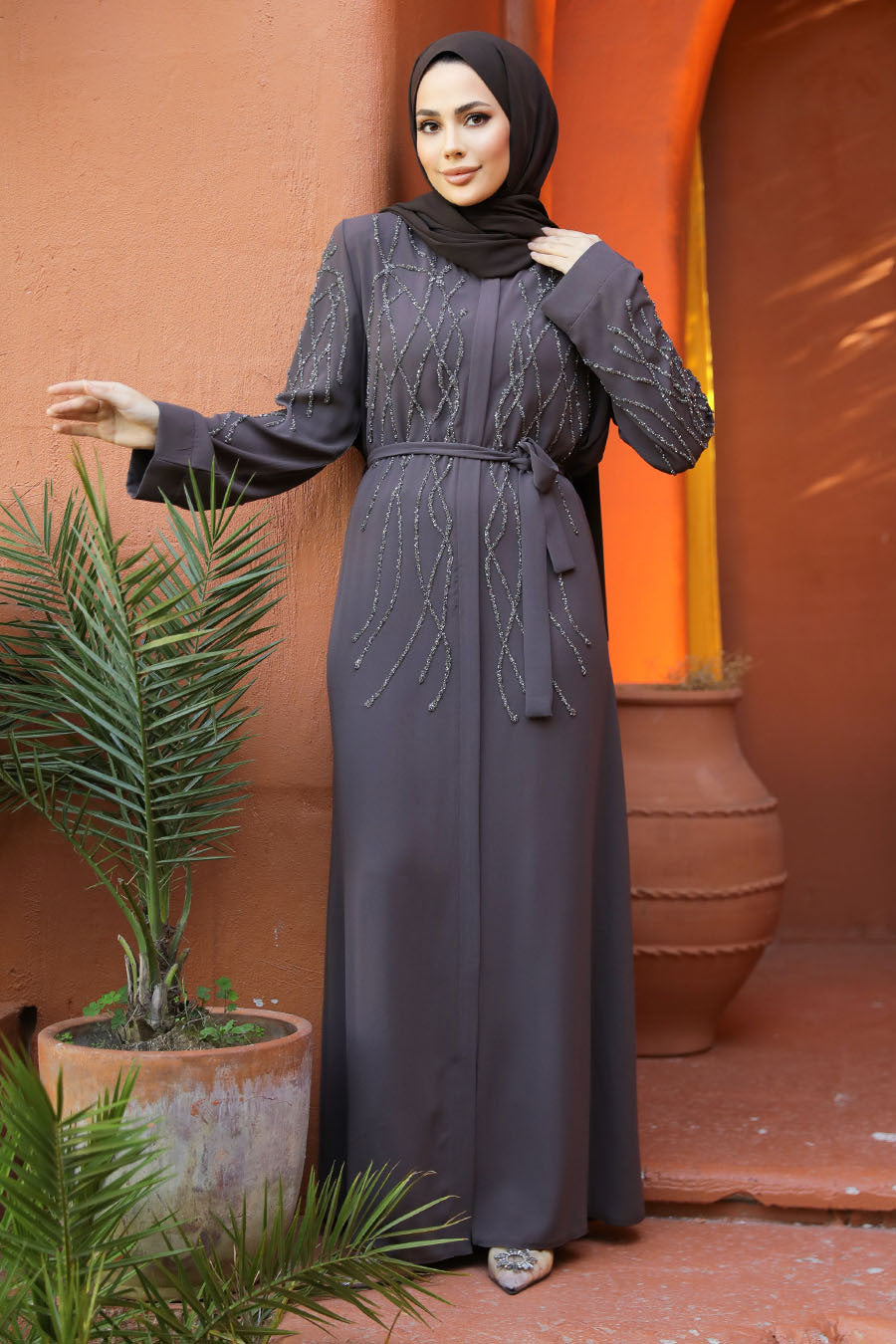 Elegant Naz Gray Long Belted Abaya with Long Sleeves - Modest Muslim Dress for Women - Perfect for Prayer, Special Occasions & Everyday Wear