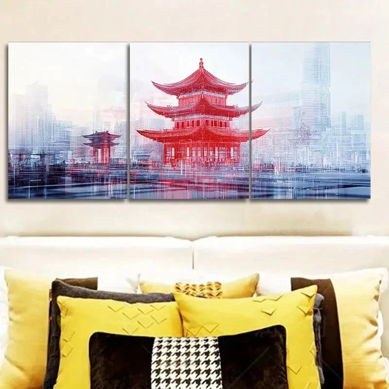 3pcs Chinese Style Pagoda Art Painting - Metal Print Wall Decor Ready to Hang - Perfect for Living Room, Bedroom & Office Decor