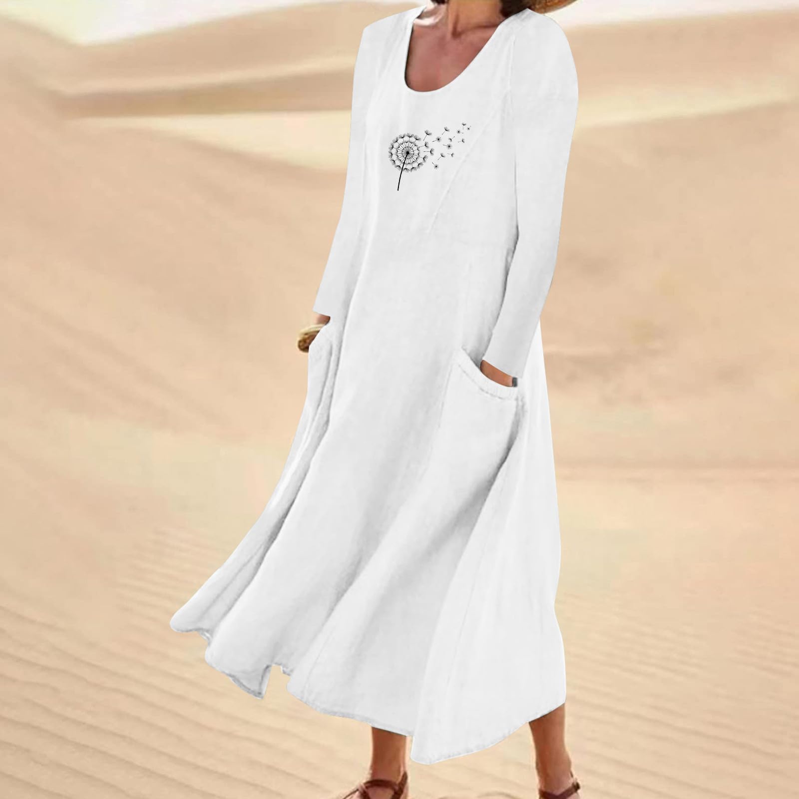 Yihaojia Women's Casual Long Sleeve Loose Cotton Linen A-Line Maxi Dress - Comfortable Fall Fashion for Everyday Wear, Outings & Relaxation