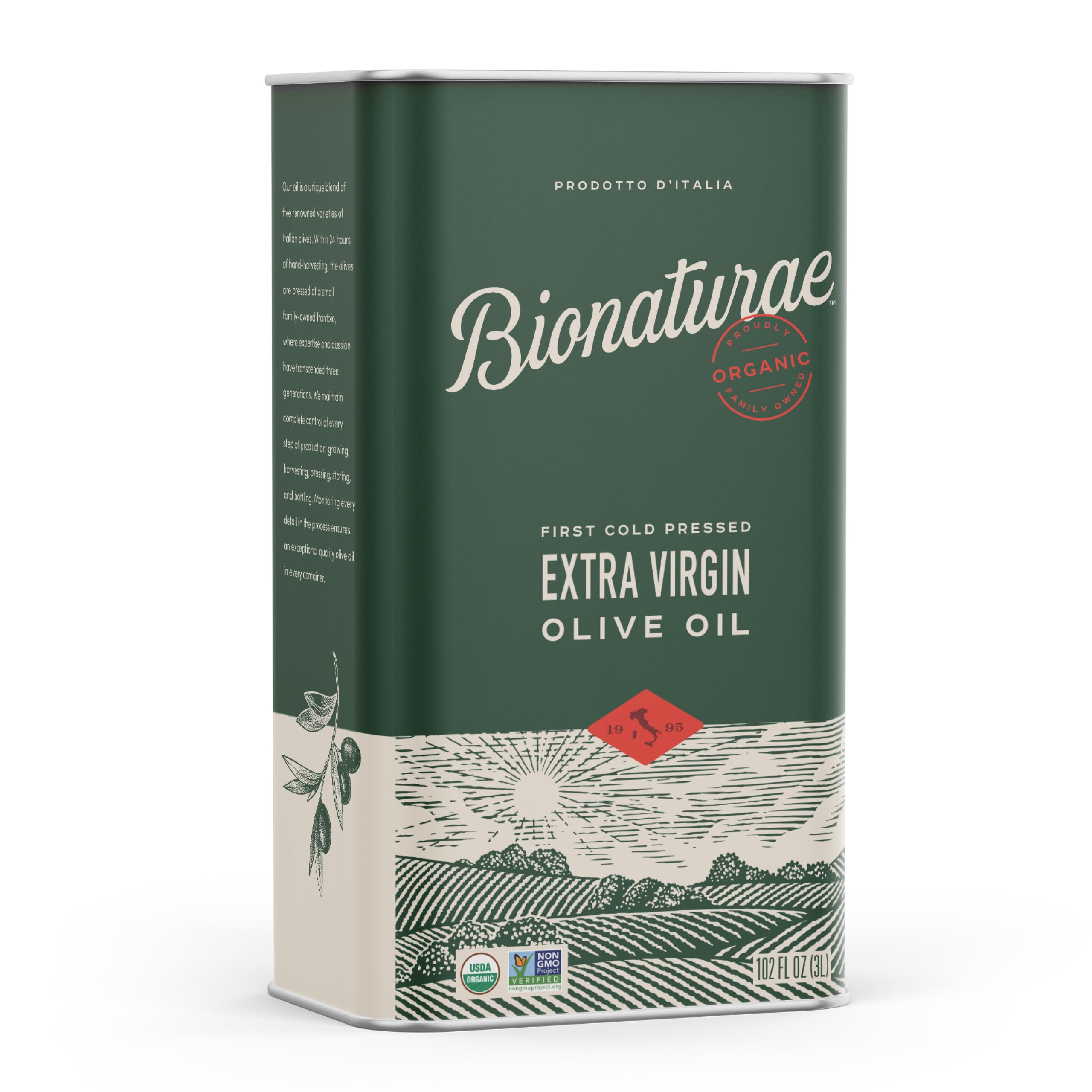 Bionaturae Extra Virgin Olive Oil - USDA Organic, Non-GMO, 100% Italian Cold-Pressed Olive Oil in Recyclable Glass Bottle (3L, 2-Pack) - Perfect for Cooking, Salad Dressing & Healthy Recipes