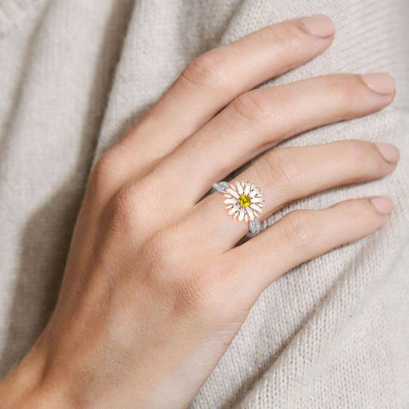 Jeulia Sterling Silver Daisy Flower Rotating Fidget Ring for Women - Cubic Zirconia Anxiety Relief Engagement Promise Ring with Birthstone & Gift Box - Perfect for Valentine's Day, Stress Relief & Everyday Wear
