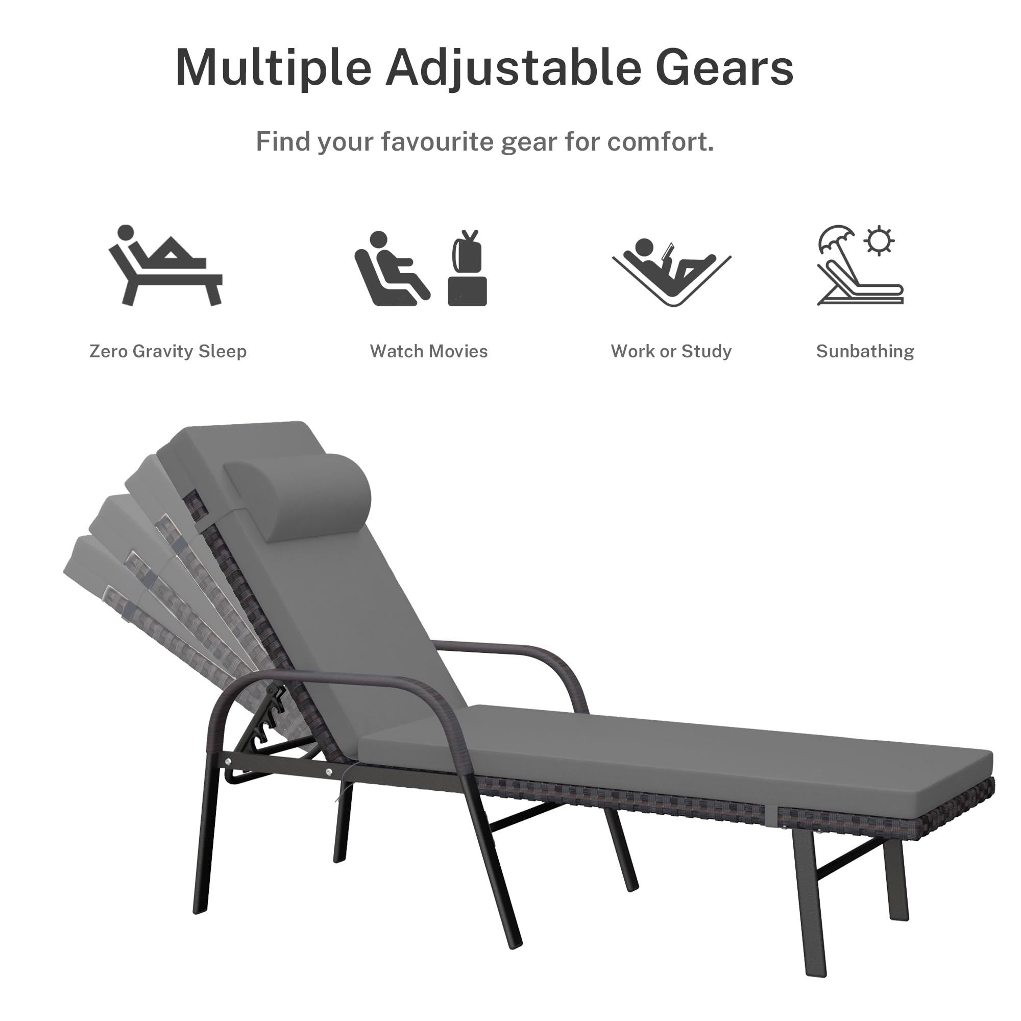 3-Piece Patio Chaise Lounge Set with Cushions - Adjustable Rattan Backrest & Folding Table - Outdoor Poolside Chairs for Porch, Backyard, Beach - Grey (Perfect for Relaxing by the Pool or Garden)