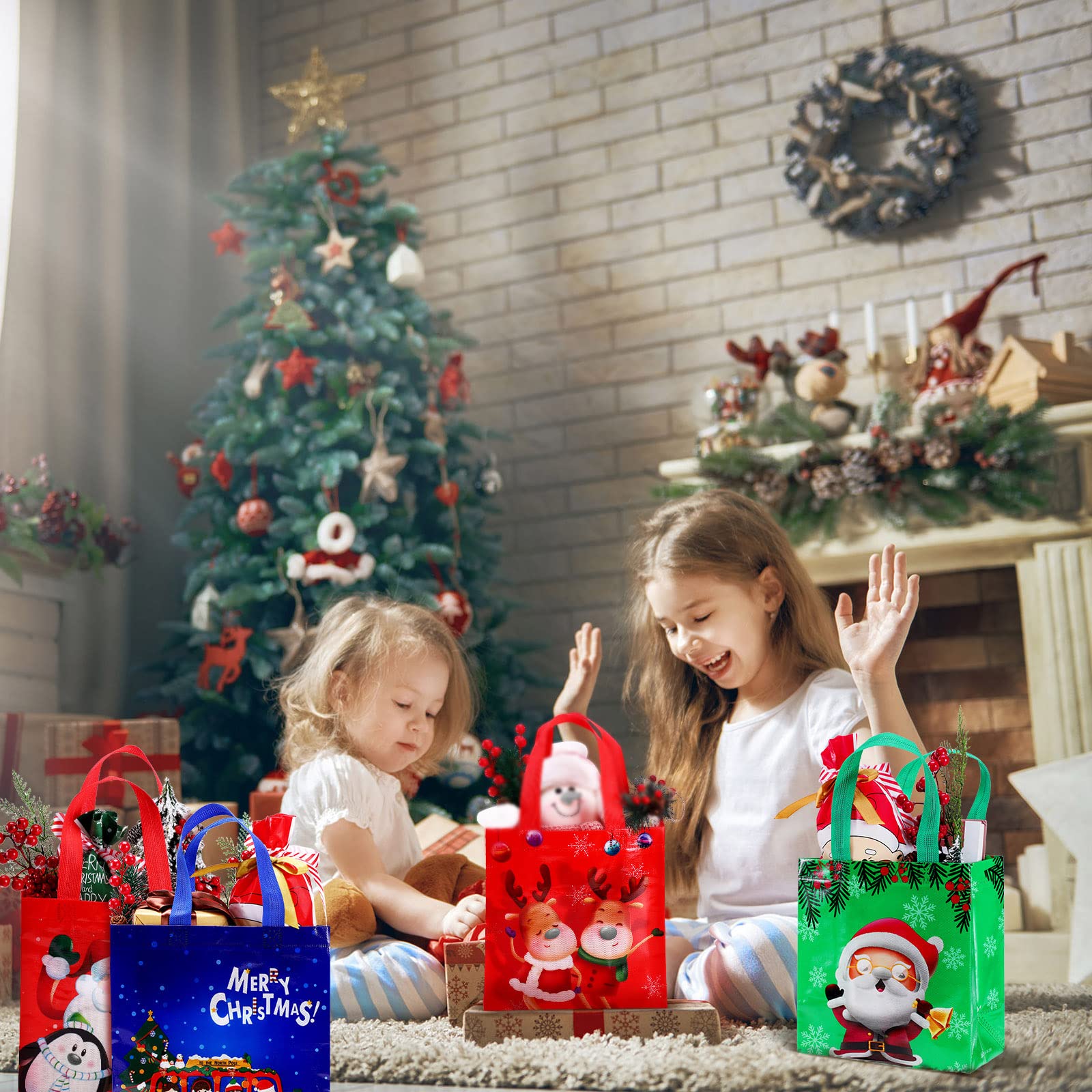 16 Pack Christmas Gift Bags - Reusable Holiday Present Totes with Handles for Xmas Shopping, Treats & Party Favors | Perfect for Santa Gifts, Office Exchanges & Festive Home Decor