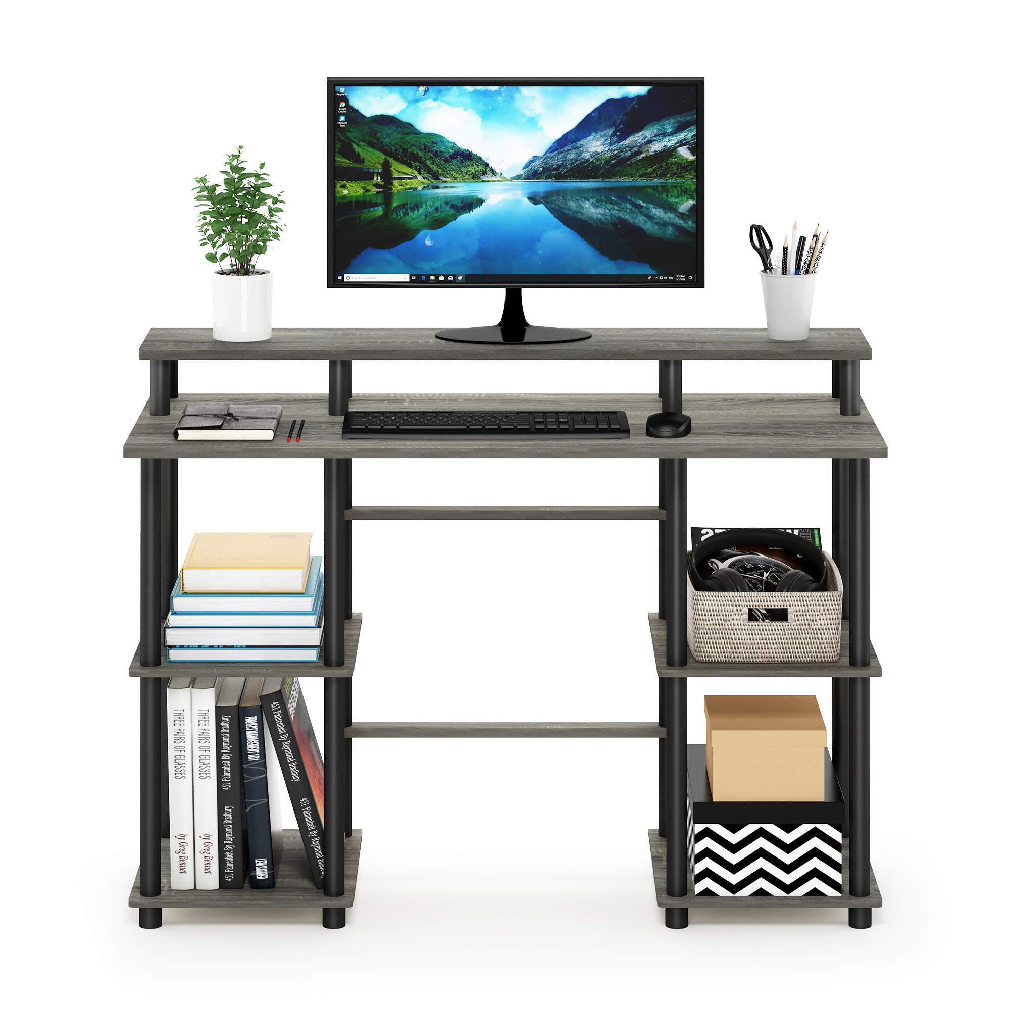 Furinno Turn-N-Tube Computer Desk - French Oak Grey & Black - Compact Home Office Desk for Small Spaces, Gaming & Study