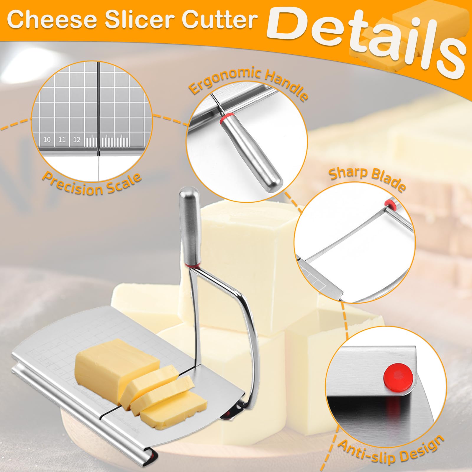 Premium Stainless Steel Cheese Slicer with Blade Scale - Perfect for Block Cheese, Sausage & Fruits - Includes 2 Cheese Knives - Ideal for Kitchen, Charcuterie Boards & Entertaining