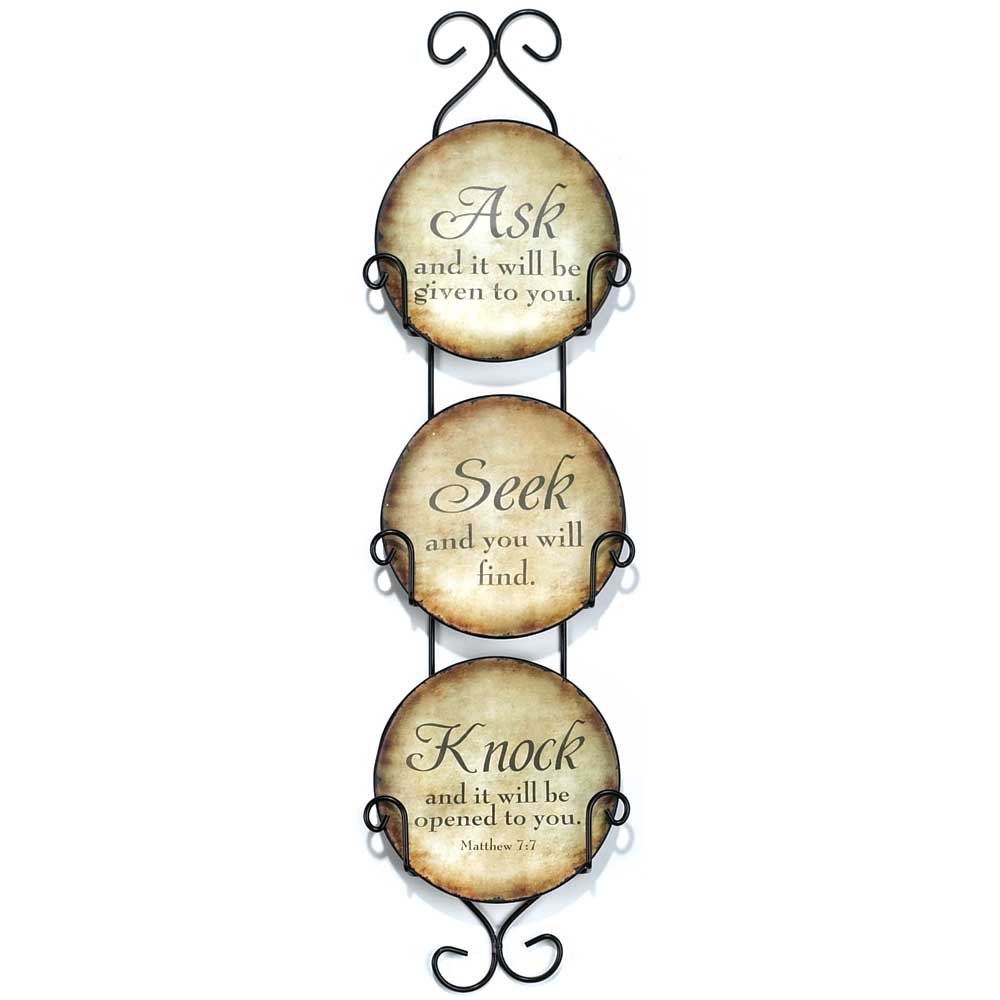Dickson's Ask, Seek, Knock Ceramic Mini Wall Plates with Metal Display Rack - Set of 3 - Inspirational Home Decor for Kitchen, Bedroom & Office