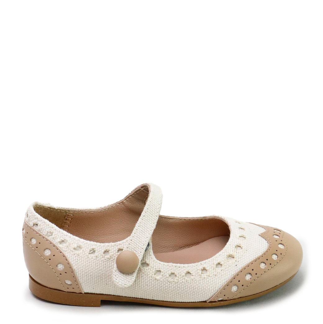 Beige and White Linen Wingtip Mary Jane Shoes for Women - Classic Comfortable Flats for Work, Church & Special Occasions