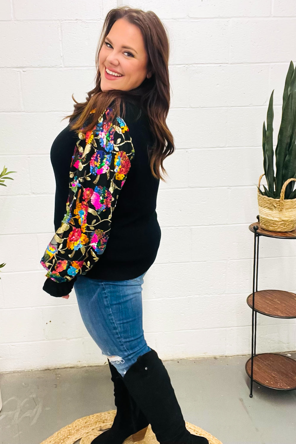 Diva Dreams Black Floral Sequin Mesh Sleeve Rib Knit Top for Women | Elegant Party Blouse | Perfect for Night Out, Date Night & Special Occasions