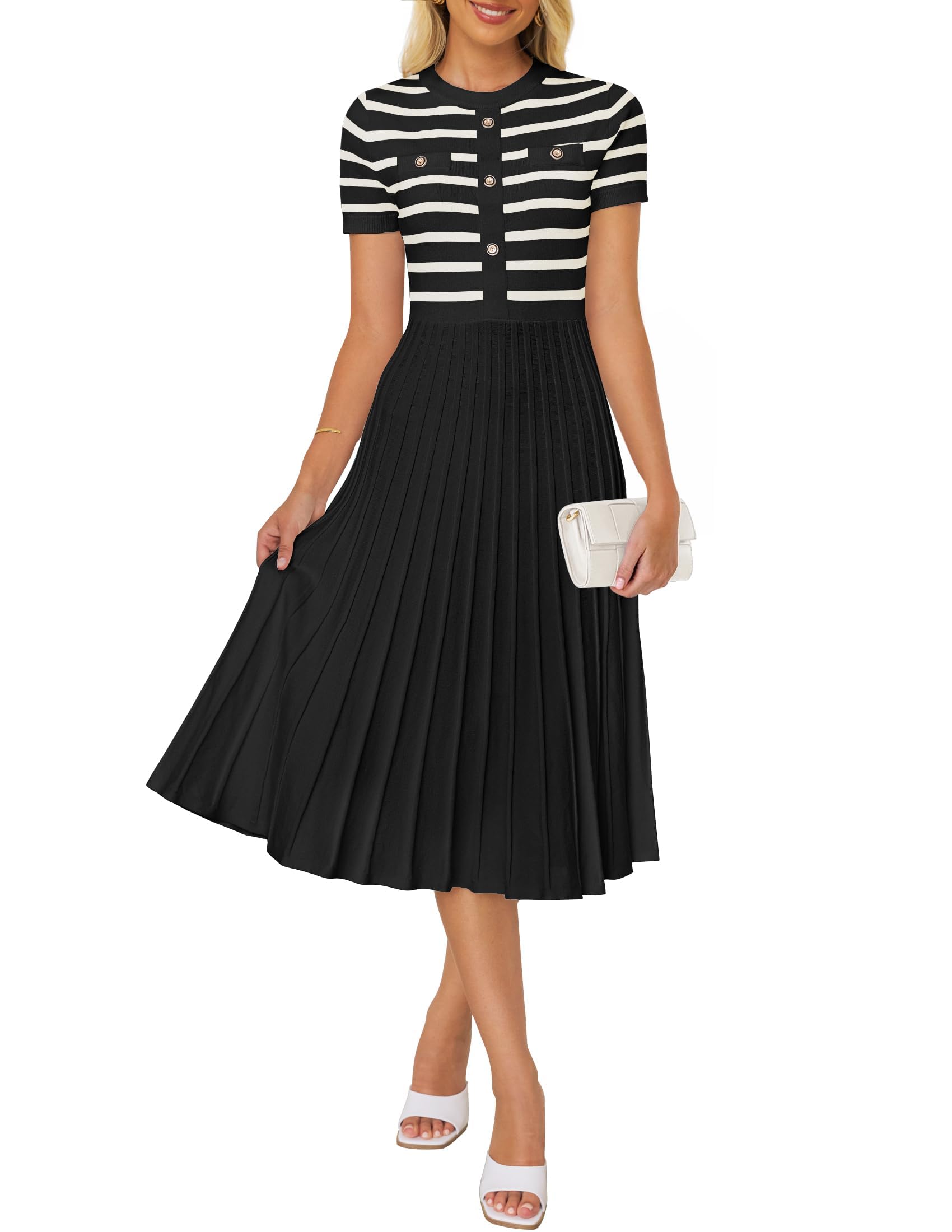 ZESICA Women's Casual Striped Midi Dress - Crewneck Short Sleeve Button Down Ribbed Knit Swing Dress with Pleated A-Line Skirt | Perfect for Summer Outings, Office Wear & Date Nights