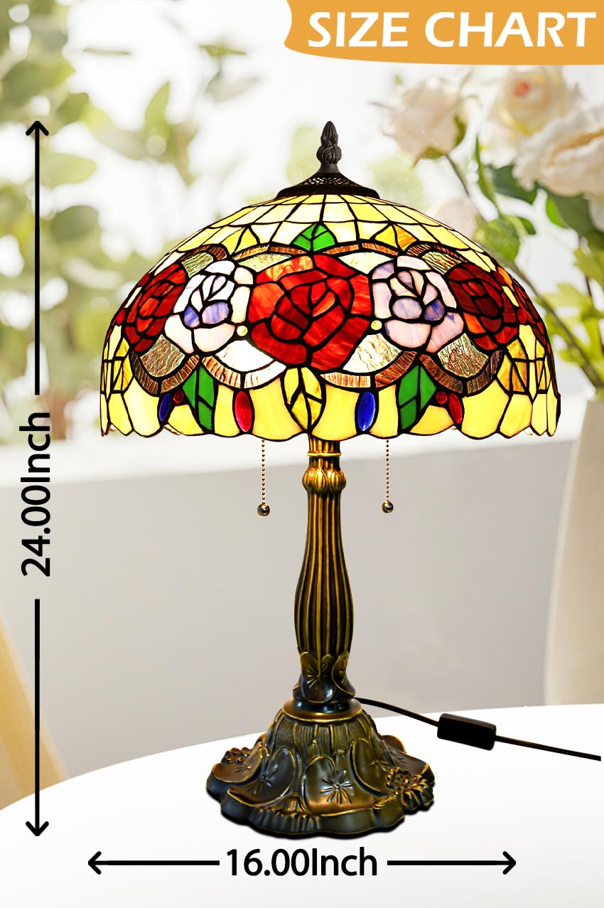Tiffany Style Stained Glass Rose Table Lamp - 24 Inch Tall, 16 Inch Wide Shade, Antique Zinc Base with 2 Bulbs - Perfect for Living Room, Bedroom, Kitchen & Family Room Decor