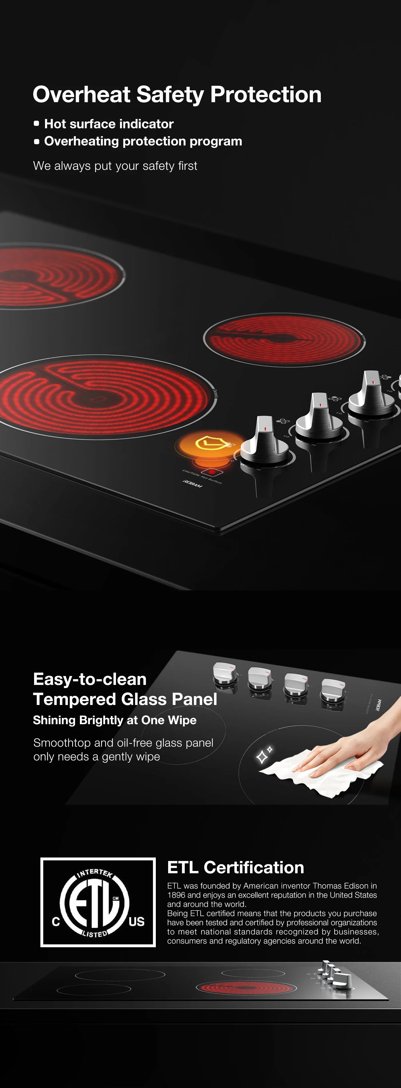 ROBAM 30-Inch Electric Ceramic Glass Cooktop with 4 Burners - Fast Heating, Easy Cleaning for Modern Kitchens | Perfect for Home Cooking, Baking & Entertaining