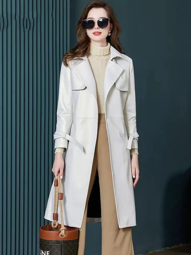 Luxury Women's Genuine Sheepskin Leather Trench Coat - Slim Fit White Belted Windbreaker for Fall & Winter | Office Wear, Business Attire, Formal Outerwear