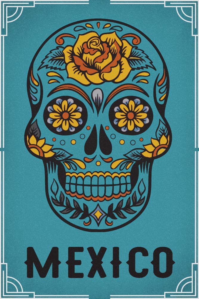 Authentic Mexican Sugar Skull & Floral Blue Wall Art Print (24x36 Signed Poster) - Day of the Dead Decor, Home & Office Wall Decor