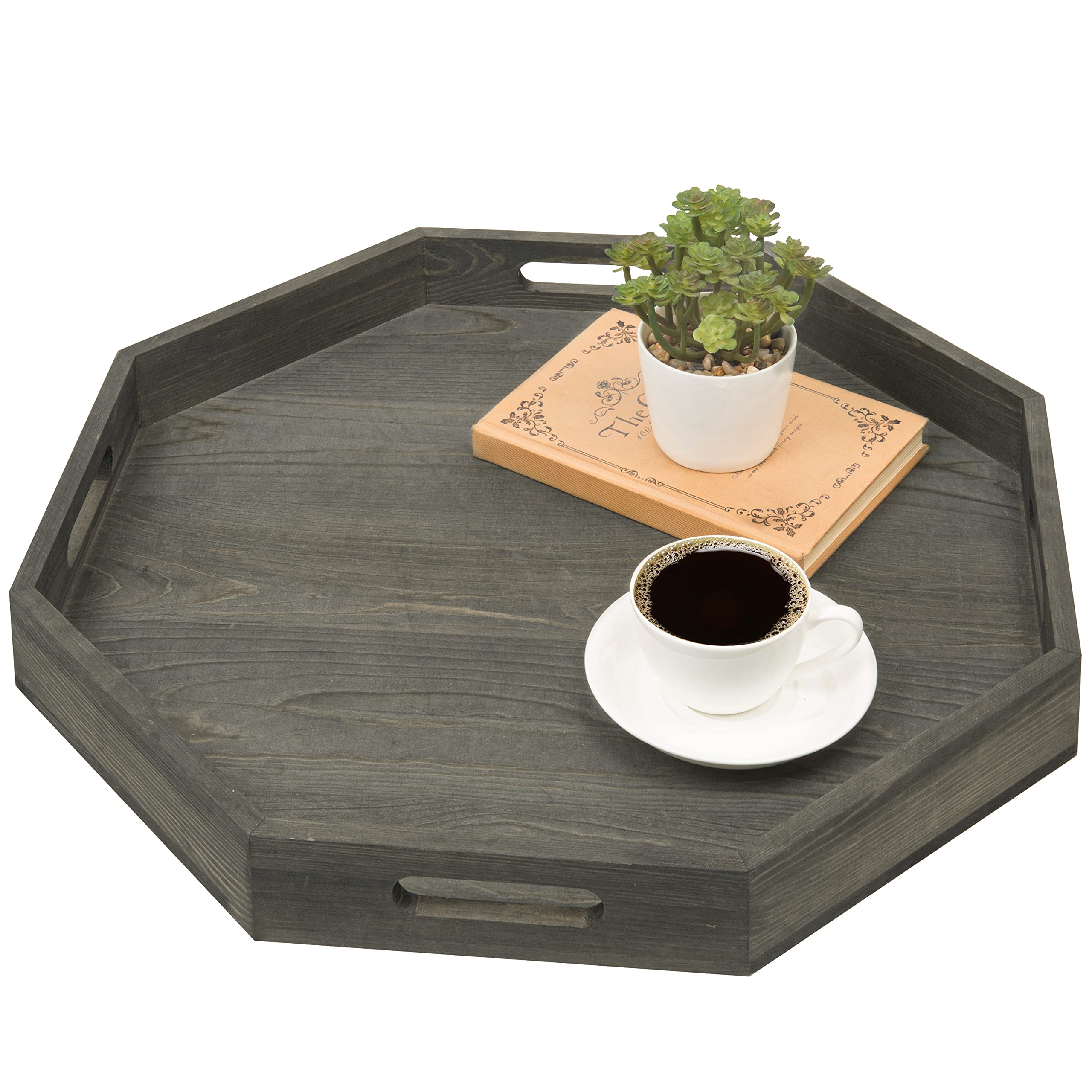 MyGift Vintage Gray Wood Decorative Tray - Octagon Shaped Coffee Table Serving Tray with Handles for Home Decor, Living Room, Dining Table & Gift Giving