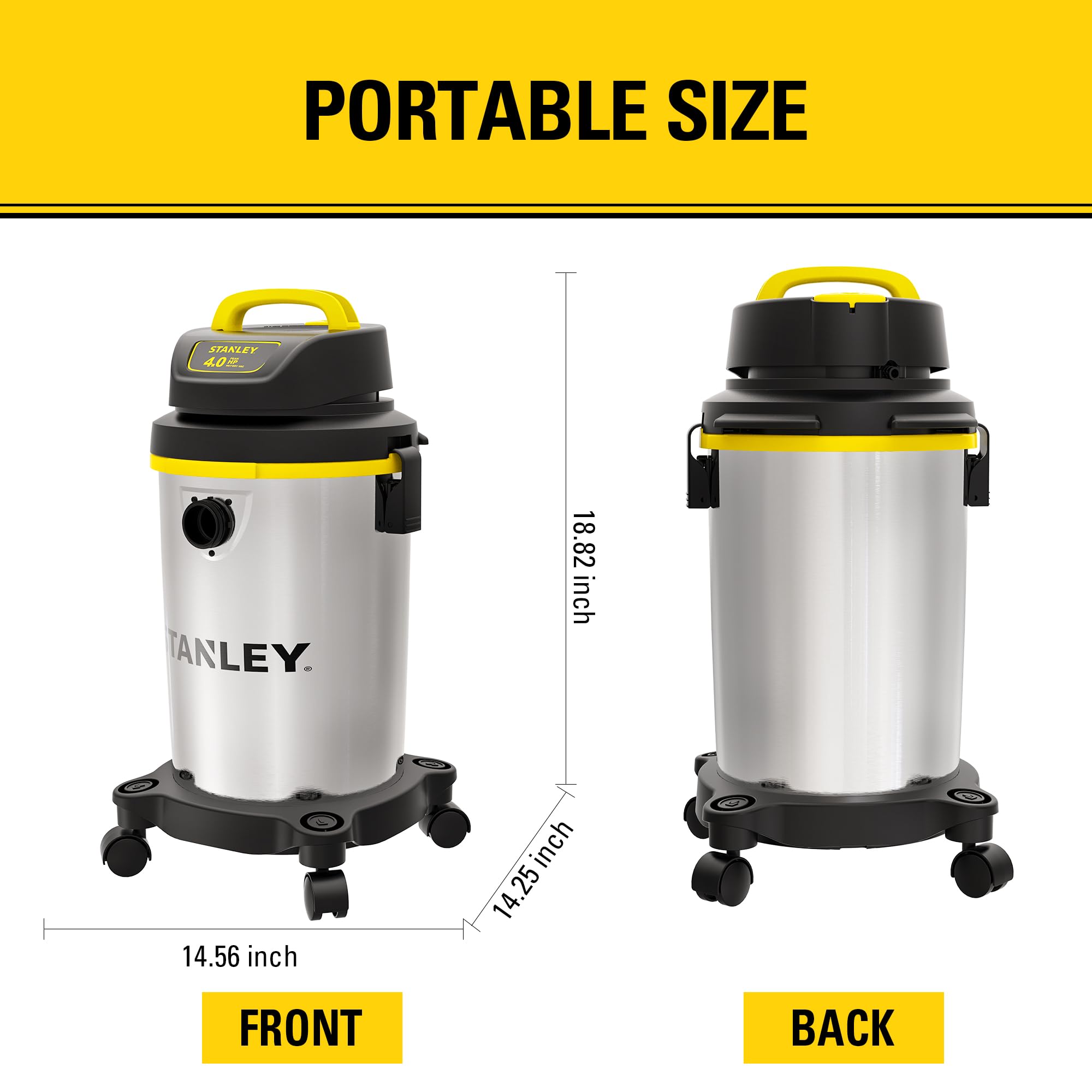 Stanley 4 Gallon Wet/Dry Vacuum Cleaner - 4 Peak HP Stainless Steel Shop Vac with Blower Function | Powerful 3-in-1 Design for Home, Garage, Car, Workshop & Pet Hair Cleaning | Durable Silver/Yellow/Black Design for Heavy-Duty Use in Construction, DIY Projects & Auto Detailing
