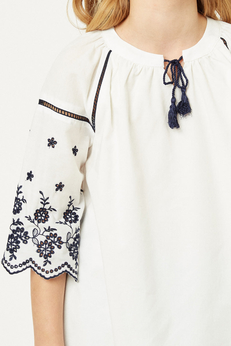 Embroidered Sleeve Tunic Top for Women - Floral Boho Blouse with V-Neck & Loose Fit - Perfect for Casual Wear, Office Outfits & Summer Dresses