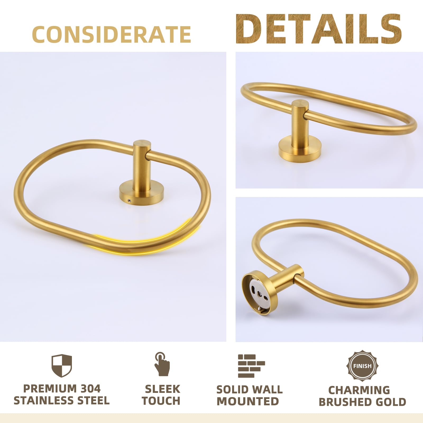 APLusee Brushed Gold Towel Ring - 304 Stainless Steel Wall Mounted Bathroom Towel Holder with Swivel Hanger - Elegant Oval Design for Hand Towels, Washcloths & Robes - Perfect for Bathroom, Powder Room & Spa Decor