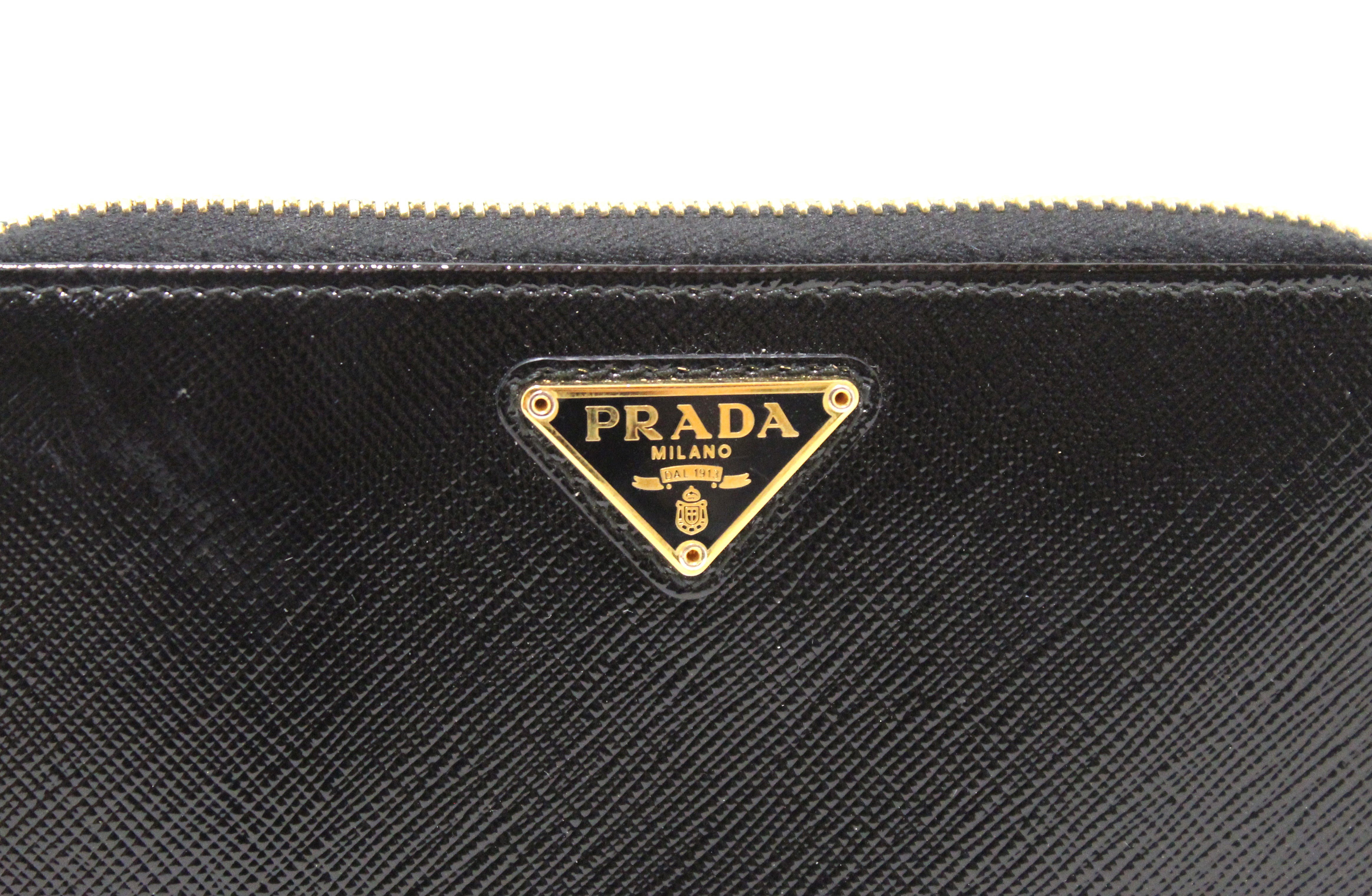 Authentic Prada Black Patent Saffiano Leather Zip Around Wallet for Women | Luxury Designer Bifold Wallet with RFID Protection | Perfect for Everyday Use, Travel & Gifts