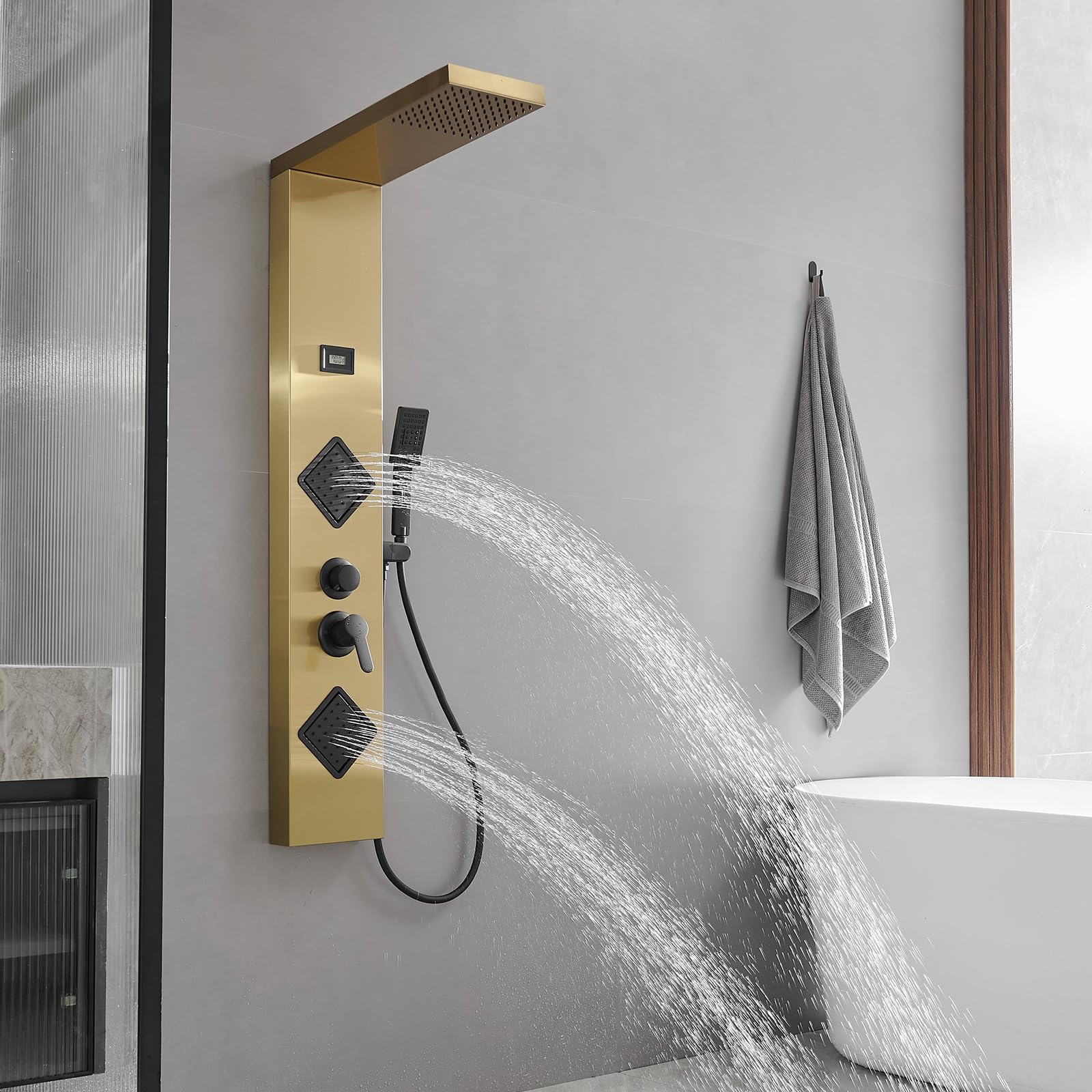 Brushed Gold Shower Panel System with Massage Body Jets - Adjustable Stainless Steel Stand Shower Column Wall Mount - Luxury Bathroom Upgrade for Spa-Like Experience