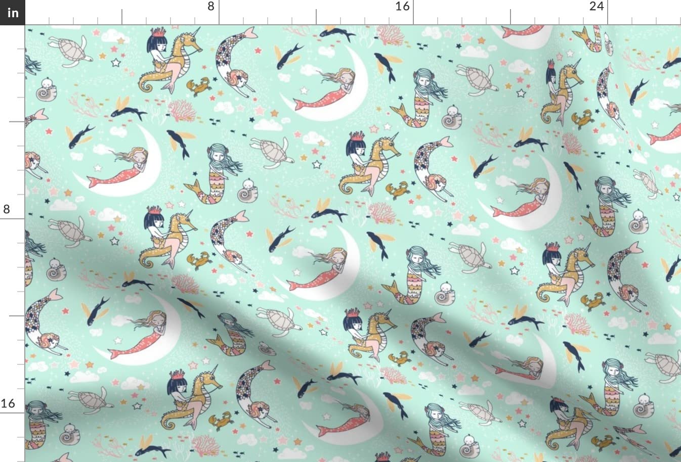 Mermaid Lullaby Mint Navy Coral Gold Printed Minky Fabric Fat Quarter - Soft Plush Fabric for Baby Blankets, Quilt Backing & Sewing Projects - Underwater Theme Nursery Decor