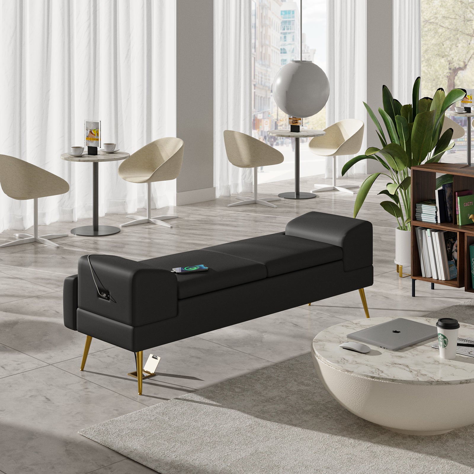 Gaston Entryway Bench - Scratch-Resistant Vegan Leather with Built-in USB Charging Port - Perfect for Hallway, Living Room & Bedroom Storage