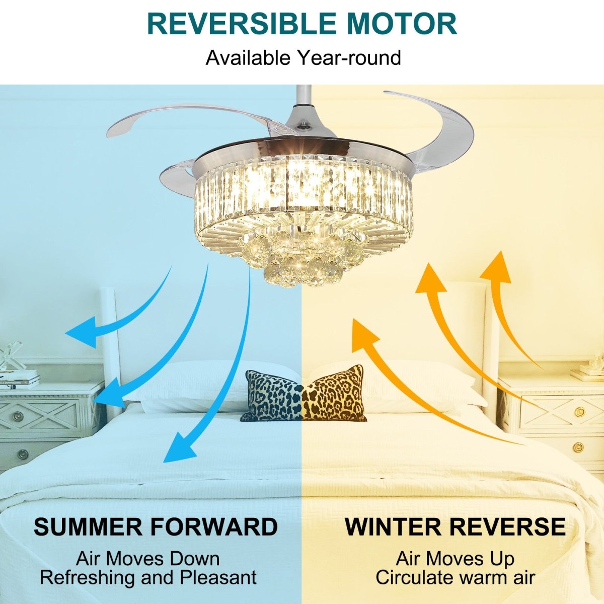 Modern Crystal Retractable Invisible Blades Fandelier - 42 Inch LED Chandelier Ceiling Fan with Remote, 3 Color Temperatures (3000K-6000K), 6-Speed Reversible DC Motor, Silver - Perfect for Bedroom, Living Room, and Dining Room Lighting