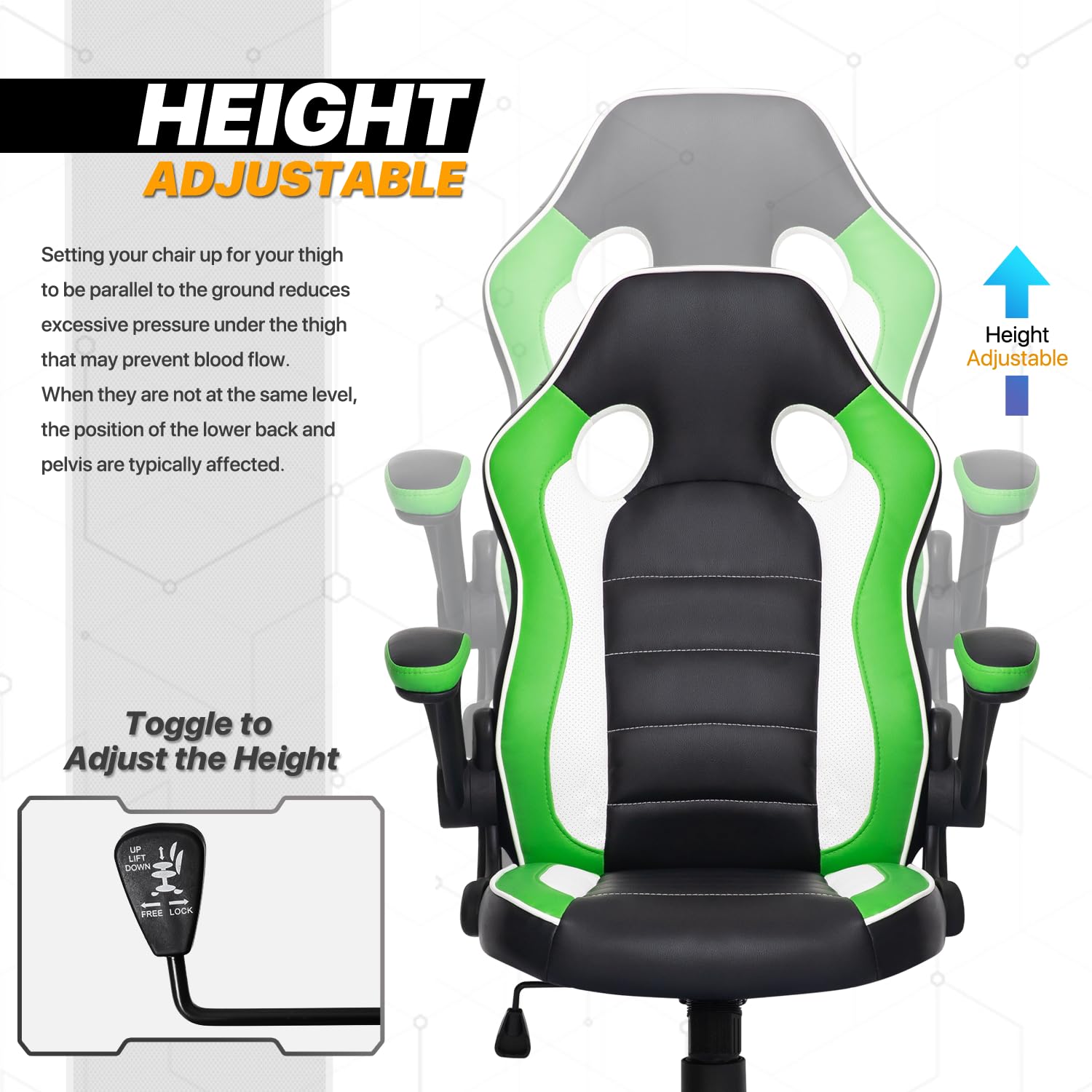MoNiBloom Ergonomic Gaming Chair - Adjustable Swivel Computer Chair with Padded Flip-up Arms & Wheels for Teens & Adults - Green Video Game Chair for PC Gaming, Office Work & Home Use
