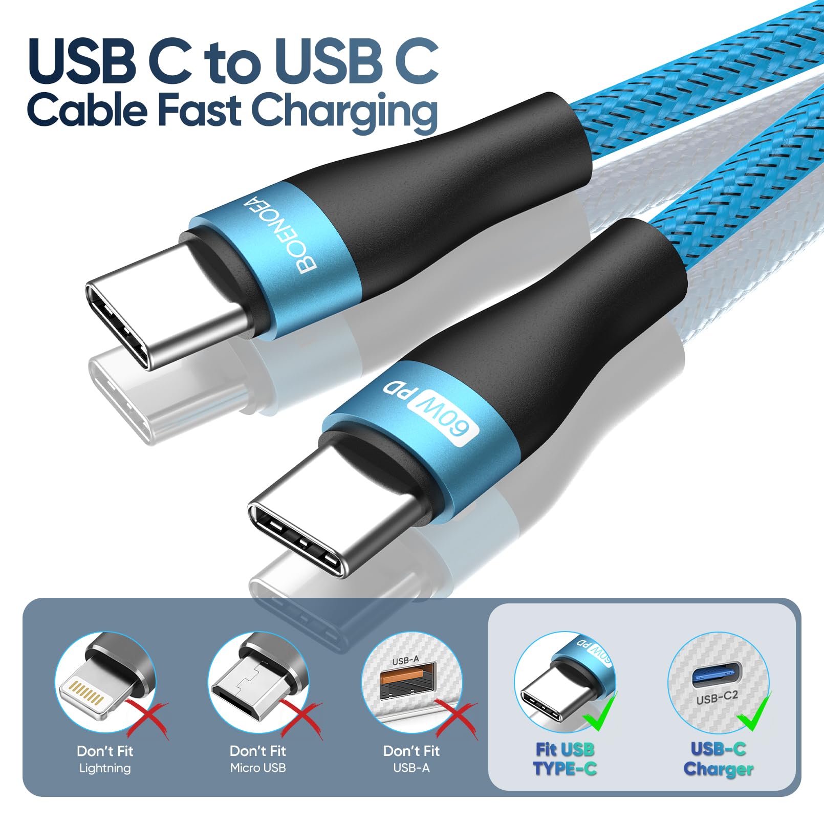 Boenoea USB C to USB C Cable 4-Pack (10FT+6FT+6FT+3FT) 60W Fast Charging Nylon Braided Type C Cable - Compatible with iPhone 15/15 Pro/15 Pro Max, MacBook Air/Pro, Samsung Galaxy S23/S22 Ultra, Nintendo Switch - Perfect for Home, Office & Travel Charging